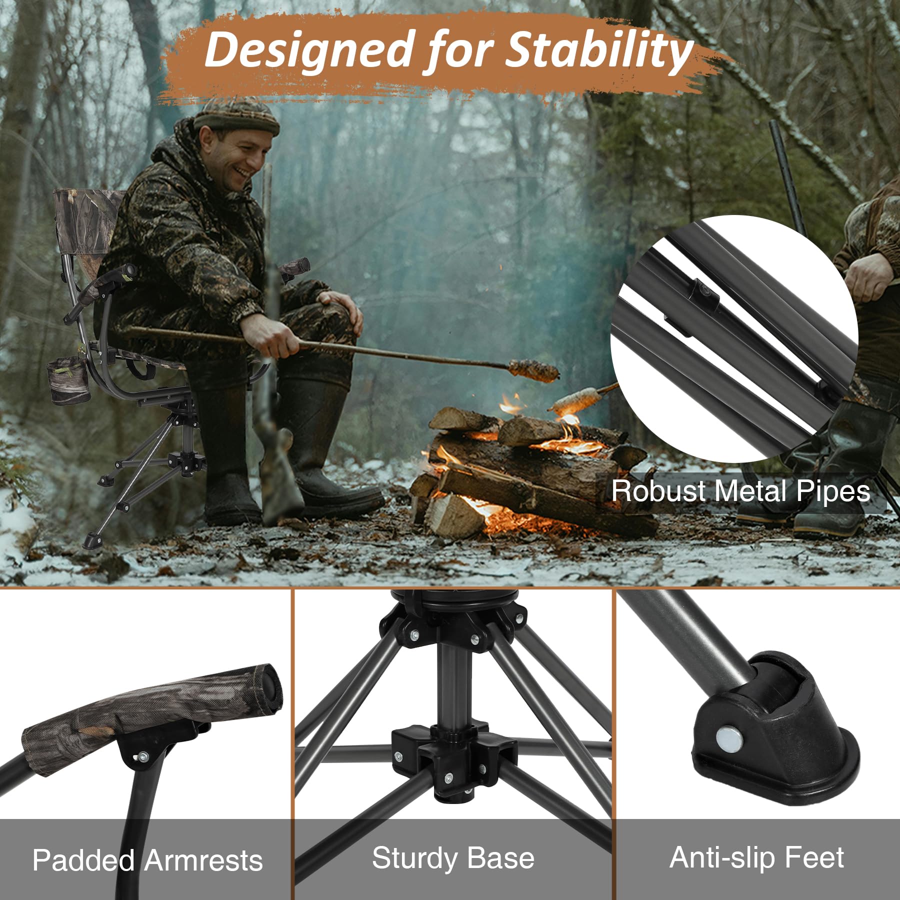 REDCAMP 360° Swivel Hunting Chair for Ground Blinds - Portable Folding Camouflage Camping Chair with Hard Arms for Adults - Perfect for Hunting, Fishing, and Outdoor Adventures