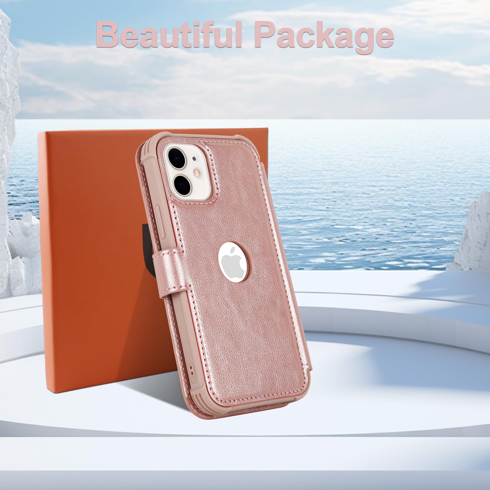 VANAVAGY RFID Leather Wallet Case for iPhone 12/12 Pro - Wireless Charging Compatible Flip Cover with Card Holder, Wrist Strap & Tempered Glass Screen Protector (Rose Gold) | Perfect for Daily Use, Travel & Business Professionals