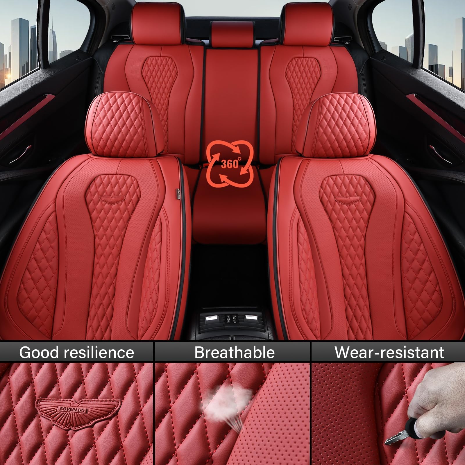 Coverado Universal Car Seat Covers Full Set - Waterproof Leather Seat Protector for Front & Back Seats (Red) | Fits Most Vehicles | Perfect for Daily Commute, Road Trips & Pet Protection