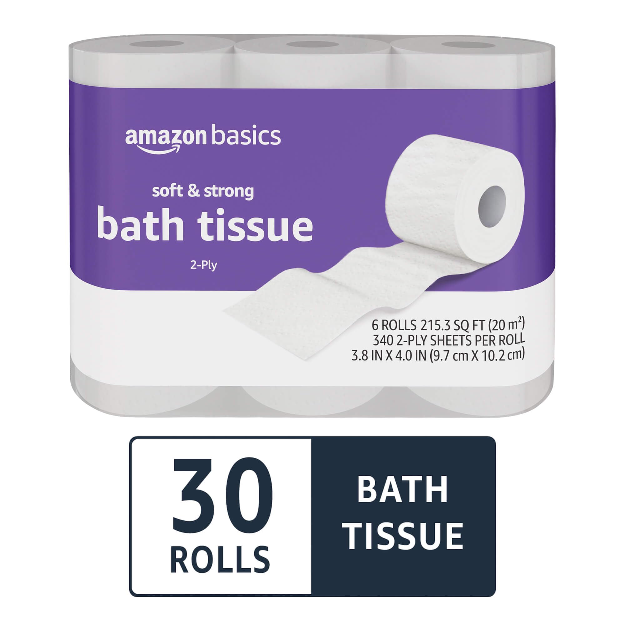 Amazon Basics Soft & Strong 2-Ply Toilet Paper - 30 Ultra Rolls (120 Regular Rolls) | 340 Sheets per Roll | Unscented | Bulk Bathroom Tissue for Home, Office & Commercial Use