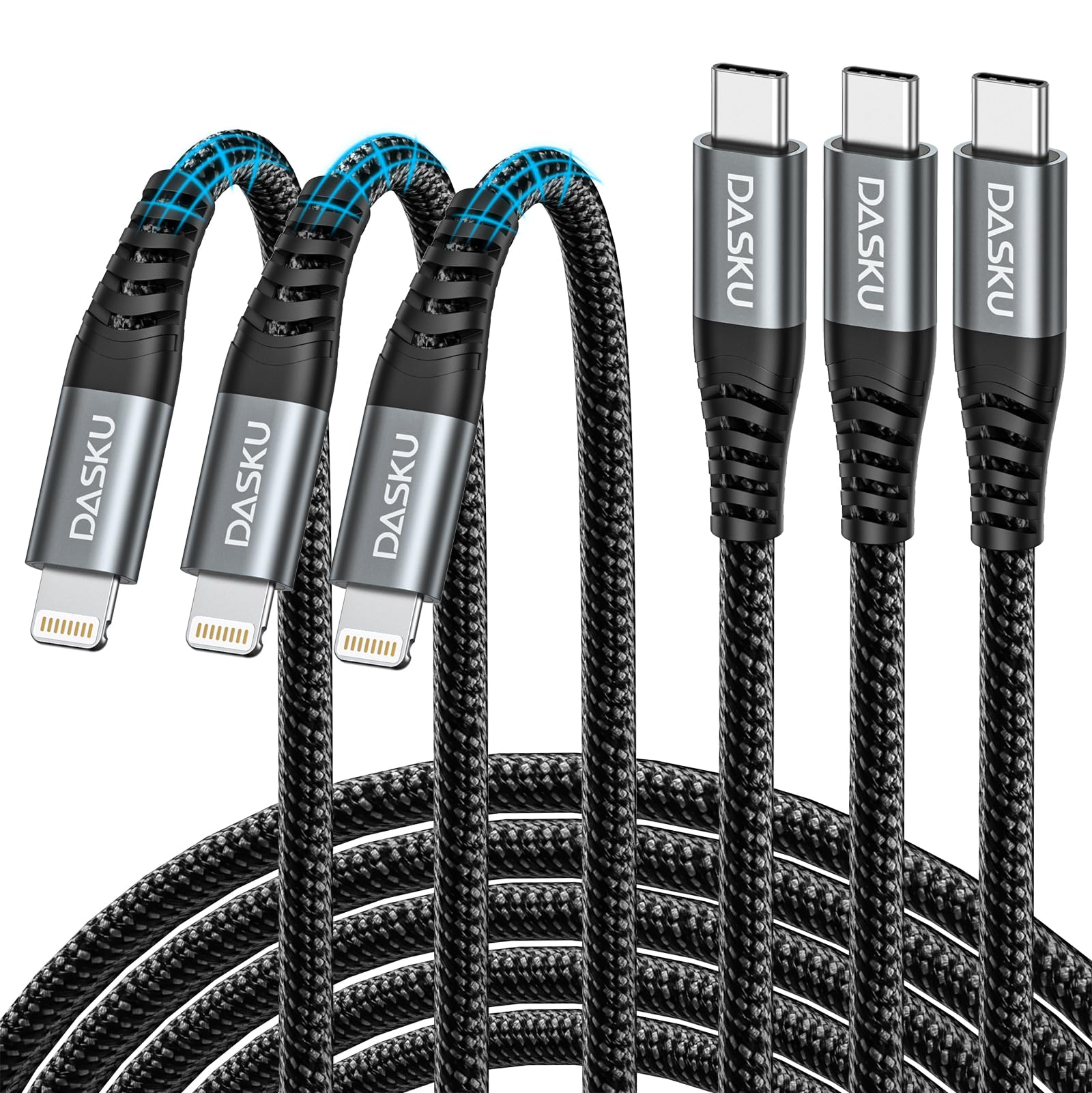 Dasku 3-Pack 10FT USB C to Lightning Cable [MFi Certified] Fast Charging Cord for iPhone 14/13/12/11 Pro Max/Mini/8 Plus/SE & iPad - Extra Long 10 Foot Type C Charger for Home, Office, Car & Travel
