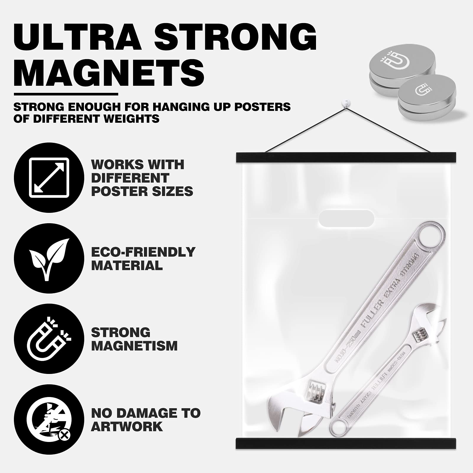 Magnetic Poster Hanger Kit - 23x34 23x33 23x35 Wooden Frame with Dowel Scroll for Hanging Posters, Maps, Canvas Artwork (Black, 23 Inch) - Perfect for Home, Office & Classroom Wall Decor