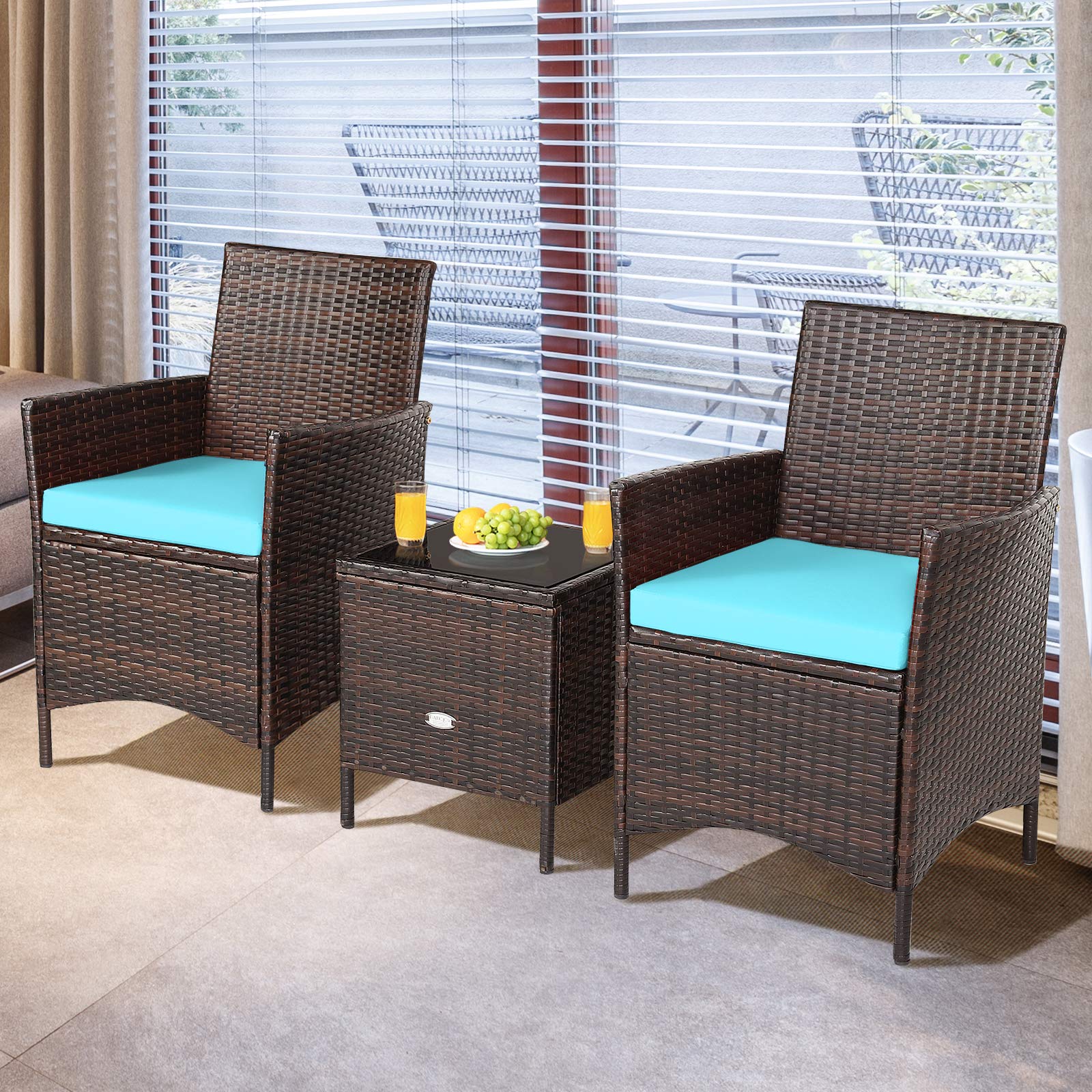 HappyGrill 3-Piece Patio Furniture Set - Rattan Wicker Bistro Set with Glass Coffee Table & Cushions, Outdoor Conversation Set for Garden, Lawn, Poolside, Backyard | Perfect for Relaxing, Entertaining & Outdoor Dining