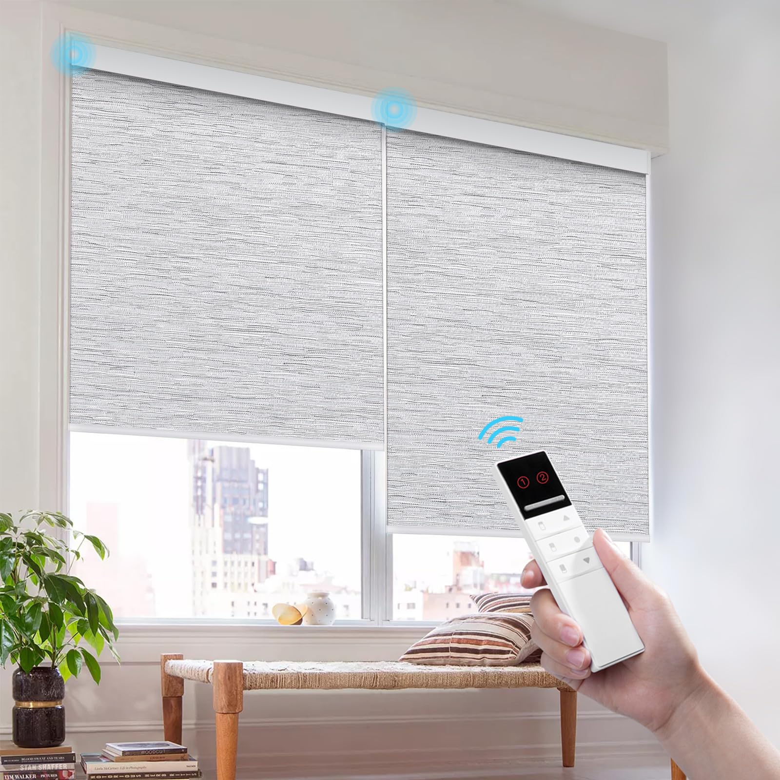 Motorized Blackout Window Blinds - Custom Width (21-97 inches) with Remote Control, Wireless & Rechargeable Roller Shades for Home, Office, Hotel - Full Blackout Gray - Perfect for Light-Sensitive Sleepers & Privacy Protection