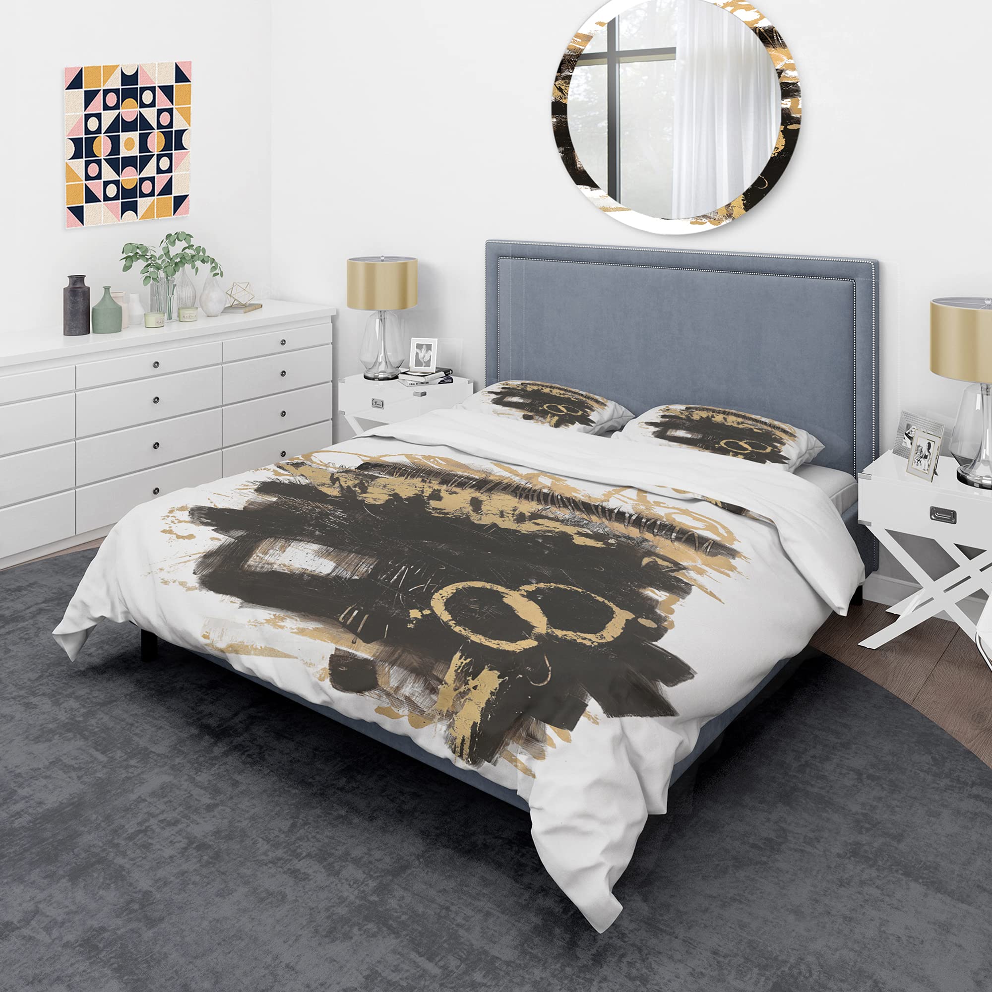 Premium Gold & Black Drift II Modern Duvet Cover Set King Size - 3 Piece Luxury Bedding Set for All Seasons | Contemporary Cottage Style for Master Bedroom, Guest Room & Vacation Homes