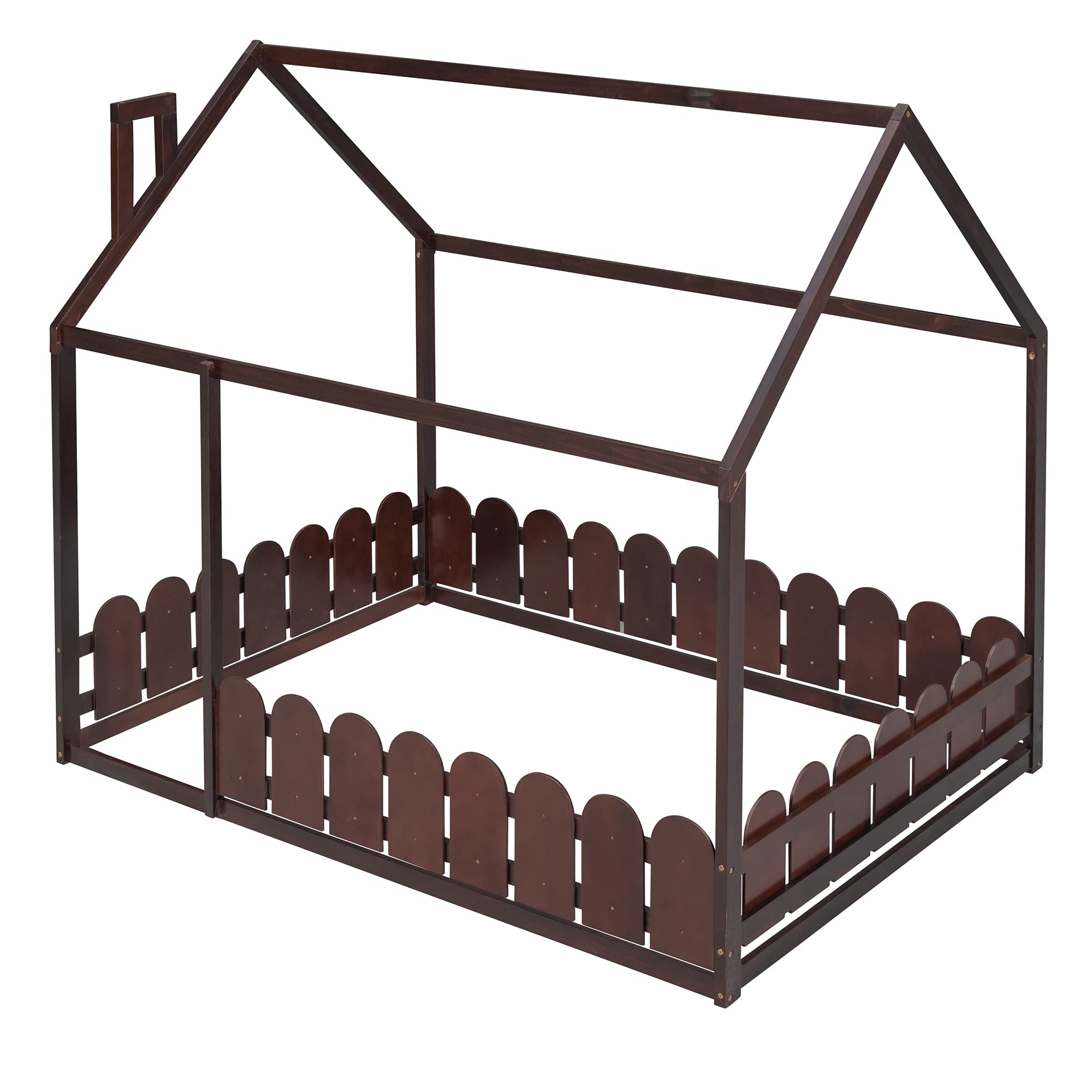 Harper & Bright Designs Full Size Kids House Bed Frame with Pine Wood Roof & Fence Guardrails - Cabin Style Floor Bed for Children & Teens (Espresso) | Perfect for Bedrooms, Playrooms & Montessori Spaces