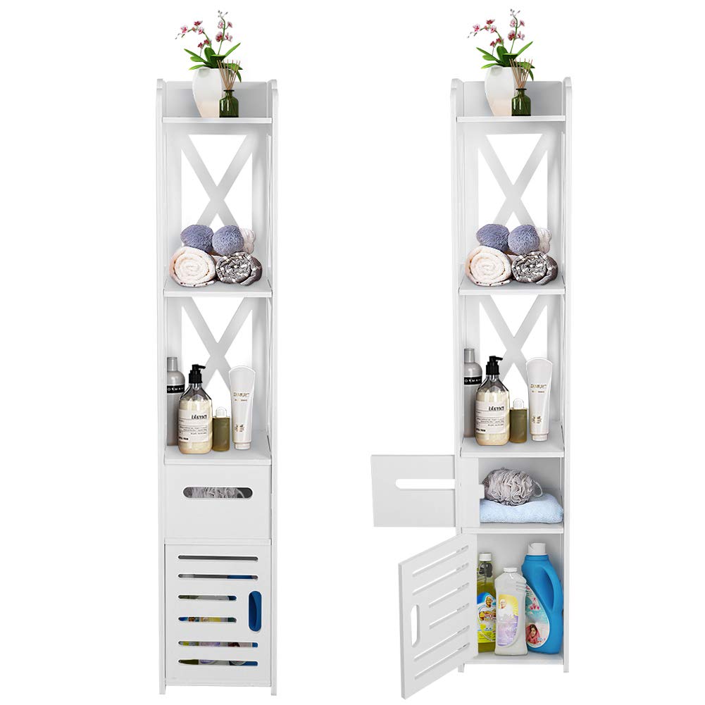 Cocoarm Multifunctional Tall Tower Storage Cabinet - White Wooden Bathroom Floor Cabinet with Shelves, Organizer for Bathroom, Bedroom, Living Room (Set of 2) - Perfect for Storing Towels, Toiletries, and Home Decor