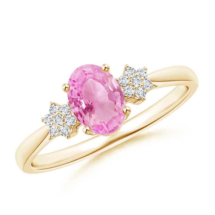 14K Yellow Gold Oval Pink Sapphire Solitaire Ring with Diamond Clusters - 7x5mm Gemstone for Engagement, Anniversary & Special Occasions