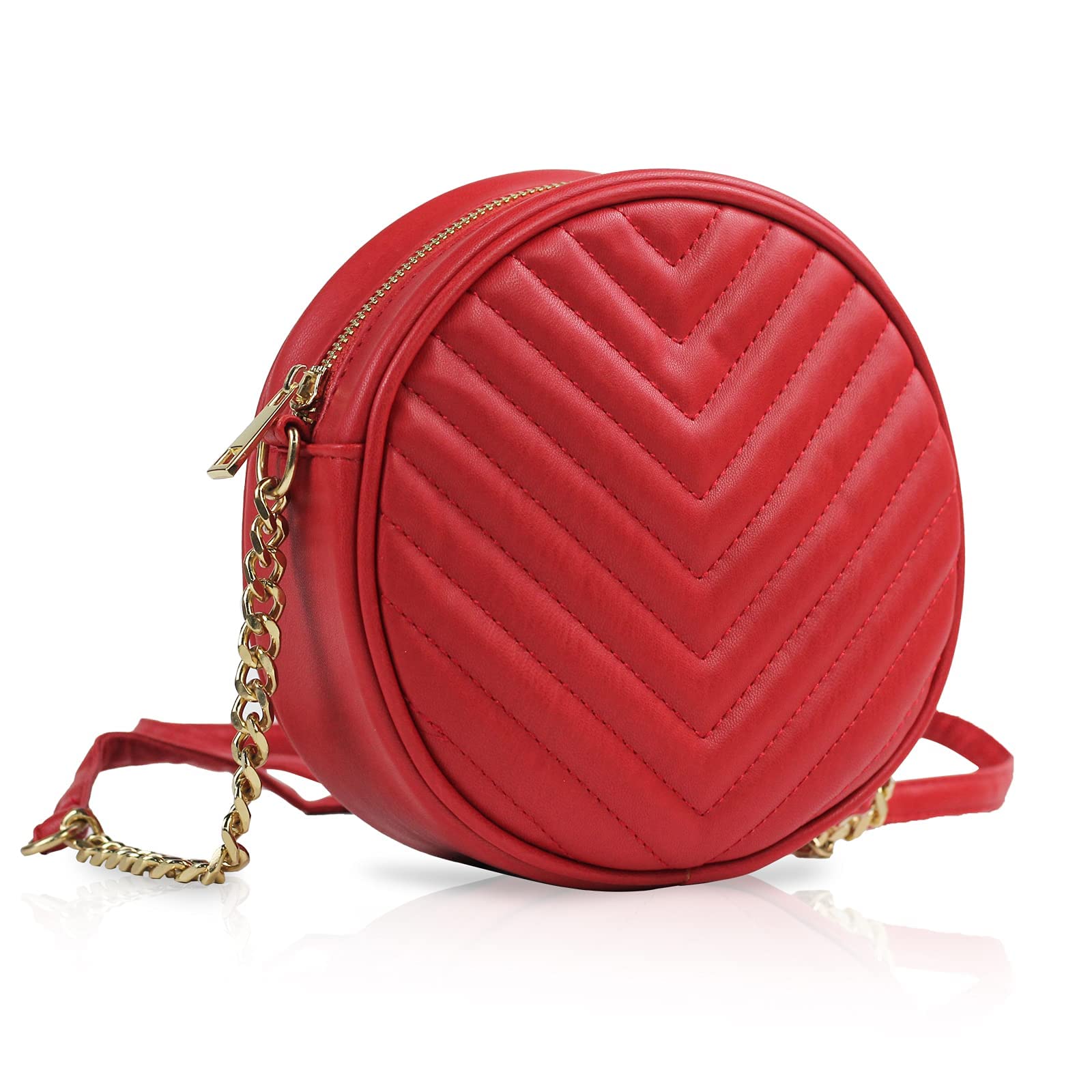 Stylish Round Crossbody Bag for Women - PU Leather Shoulder Purse with Adjustable Metal Chain Strap | Zippered Phone Pocket | Perfect for Everyday Use, Date Night & Travel Accessories