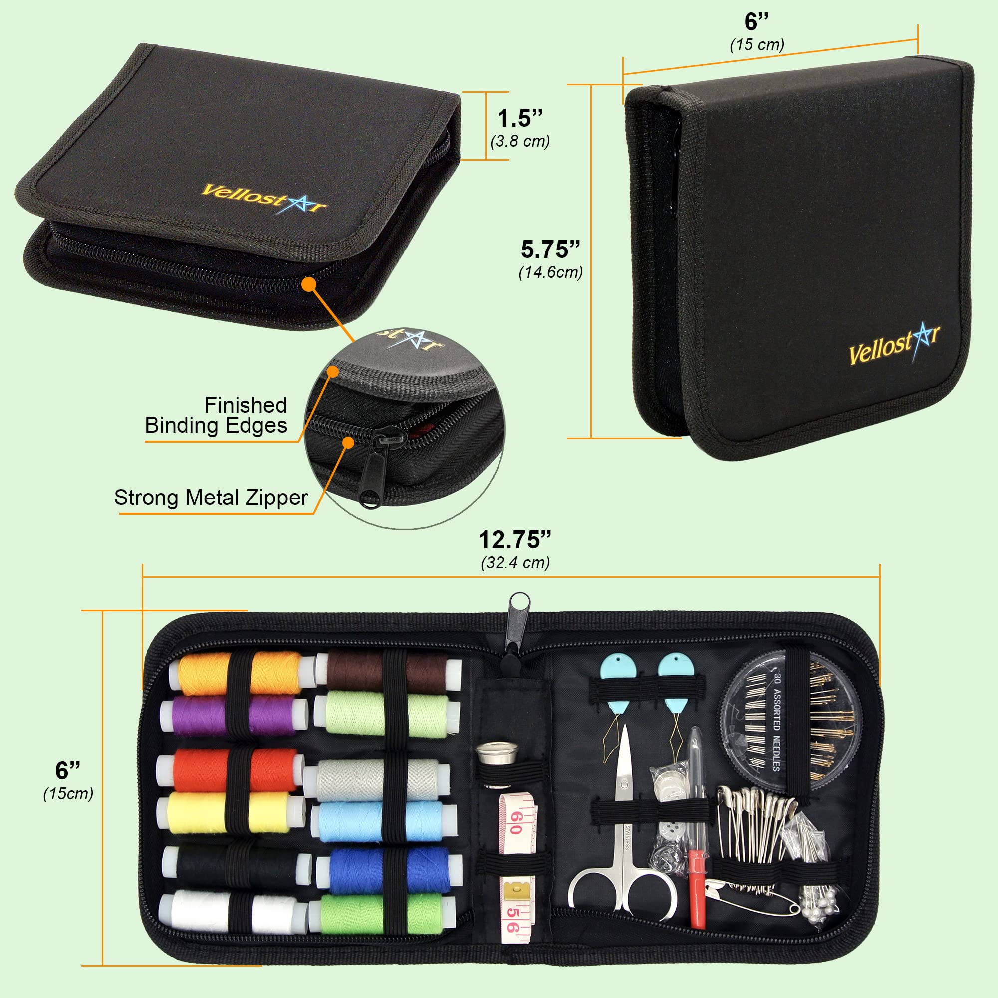 Vellostar Small Black Sewing Kit with Thread Set - Essential Sewing Supplies for Basic Repairs & Emergency Fixes | Perfect for Travel, Home, Office & DIY Projects