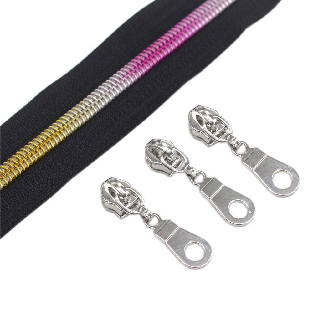 Colorful Rainbow Metallic Nylon Coil Zippers 10 Yards Bulk - #5 Teeth with 25 Silver Sliders for DIY Sewing, Tailoring, Crafts, Bags & Fashion Accessories (Black Tape) - Perfect for Backpacks, Purses, Dresses & Home Decor Projects