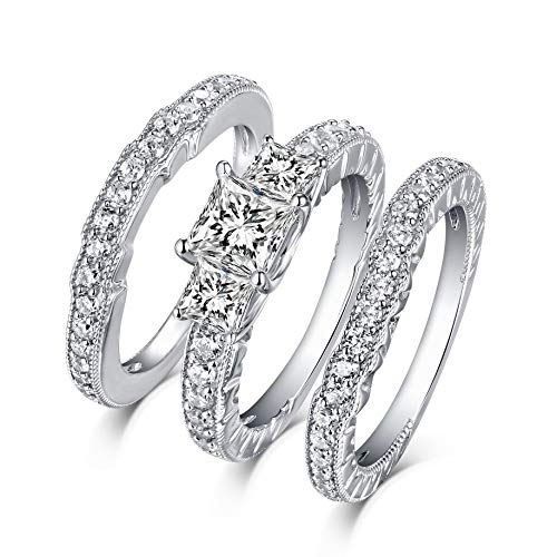 2.8 Ctw Moissanite Princess Cut Wedding Ring Set for Women - Platinum Plated Silver 3-Piece Bridal Set with 3 Stones - Engagement & Anniversary Promise Rings - Perfect for Proposals, Weddings, and Special Occasions