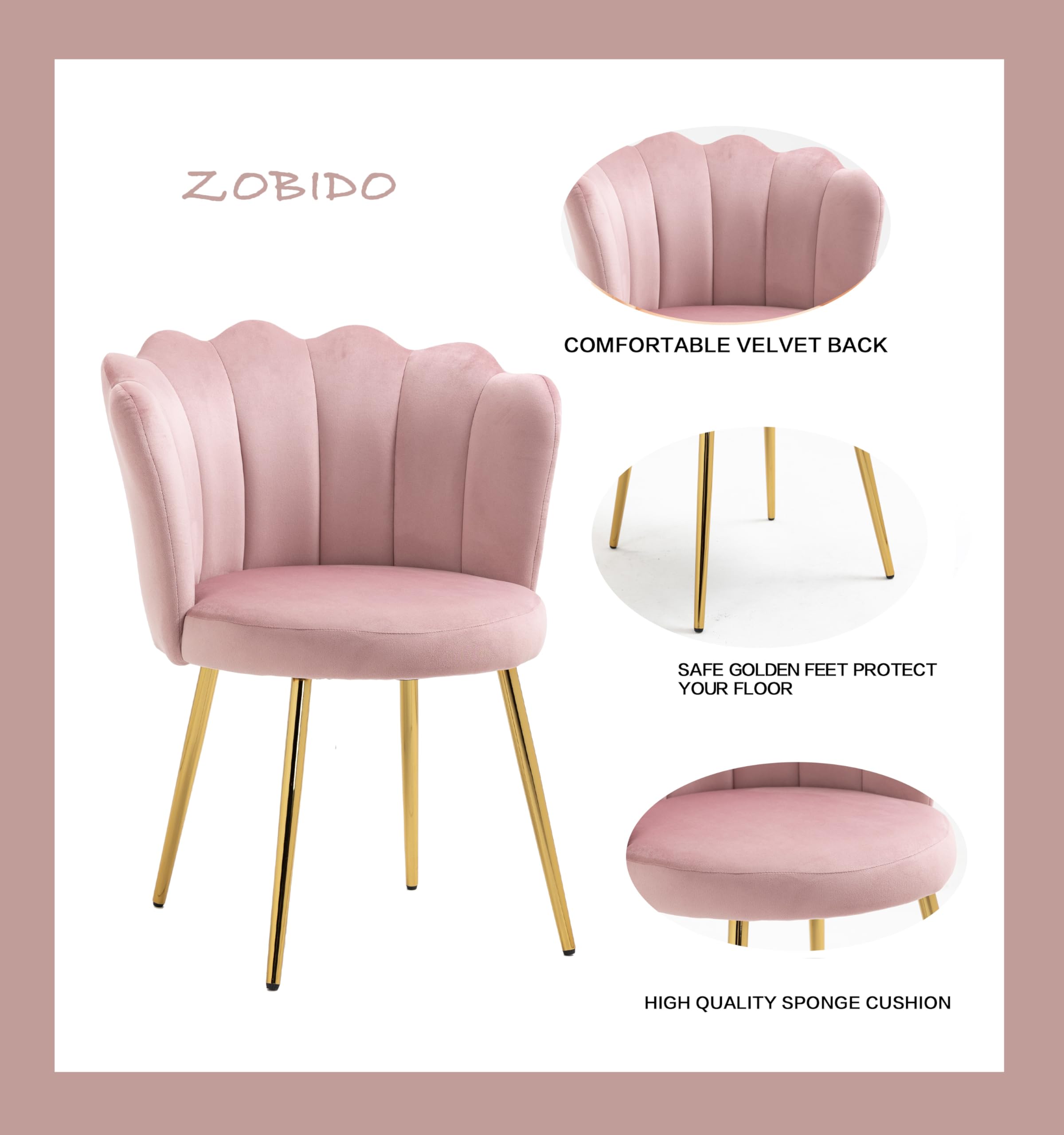 Modern Velvet Upholstered Vanity Chair with Golden Metal Legs & Petal Back - Comfy Armchair for Bedroom, Dining, Desk - Perfect for Women, Girls & Kids (Bright Pink) - Ideal for Makeup Vanity, Dressing Room, Home Office & Study