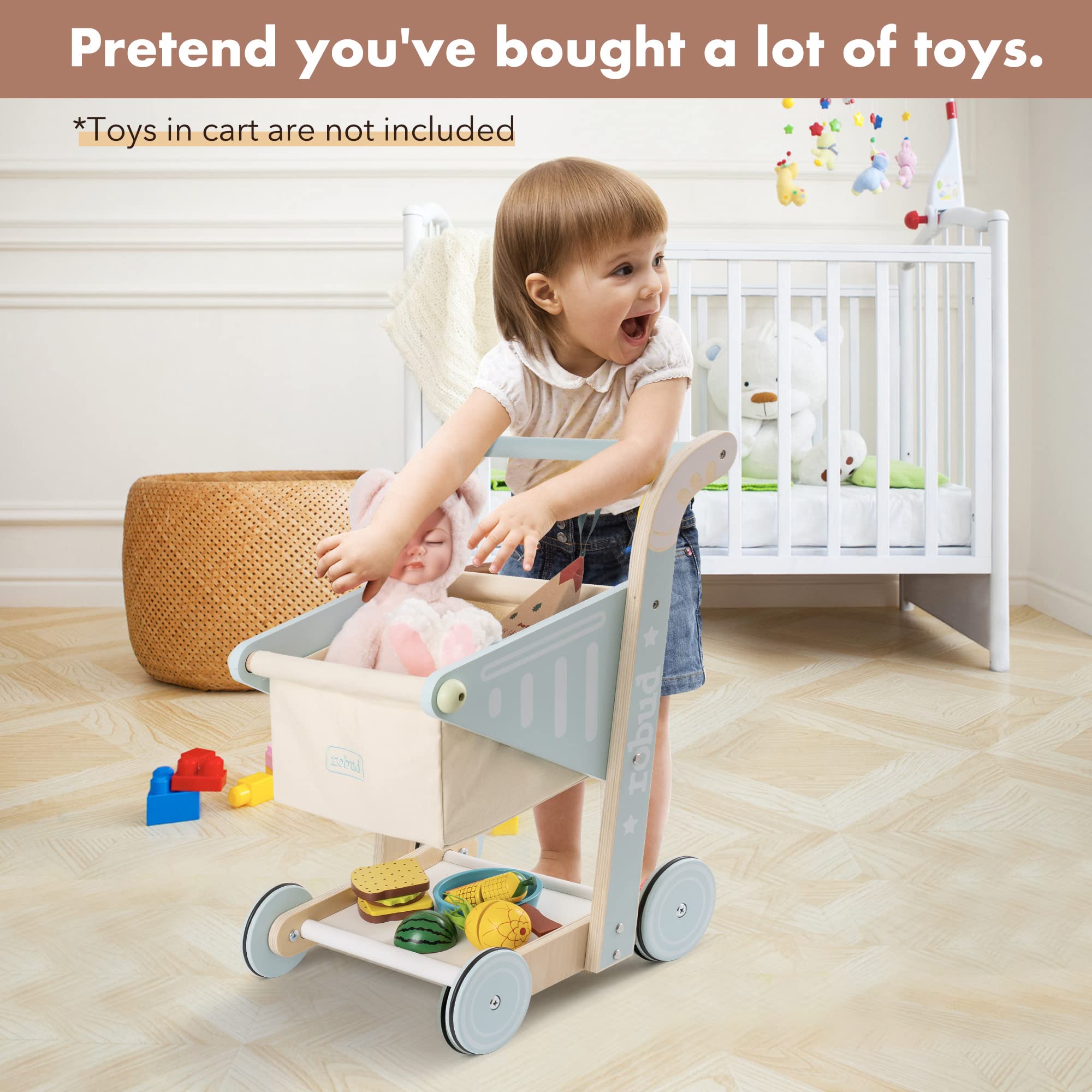 ROBOTIME Wooden Baby Push Walker & Shopping Cart Toy - Learning to Walk Assistant for Toddlers 10+ Months - Perfect for Boys & Girls - Encourages Early Walking & Playtime Fun at Home or Daycare