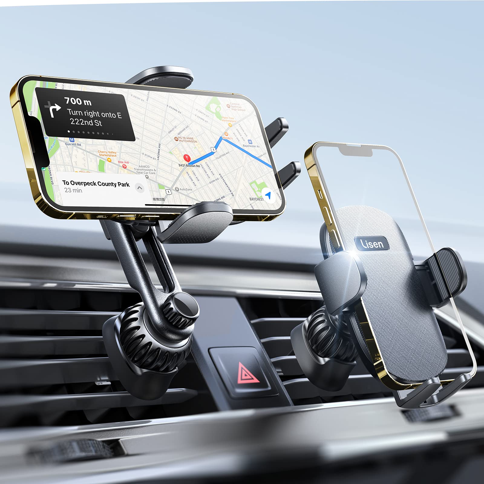 LISEN Universal Car Phone Holder Mount - Vent Clip with Metal Hook, Hands-Free Car Phone Stand for iPhone 16/16e/15 Pro Max/Plus & Samsung S25 [2 Hook Kit] - Perfect for GPS Navigation, Rideshare & Road Trips