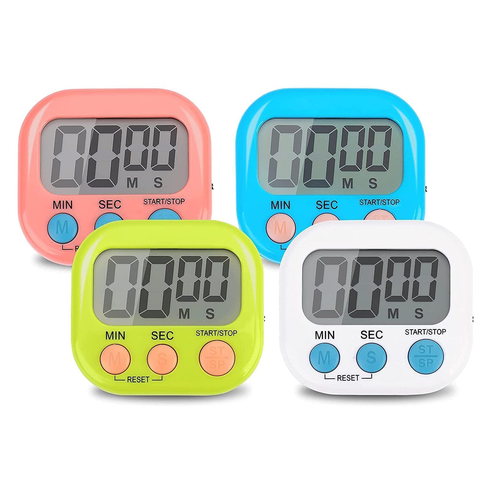 4 Pack Magnetic Digital Kitchen Timer with Loud Alarm - Countdown Timer for Cooking, Eggs, Studying, Work, Gym & Office Use - Strong Magnetic Back & Stand for Easy Placement