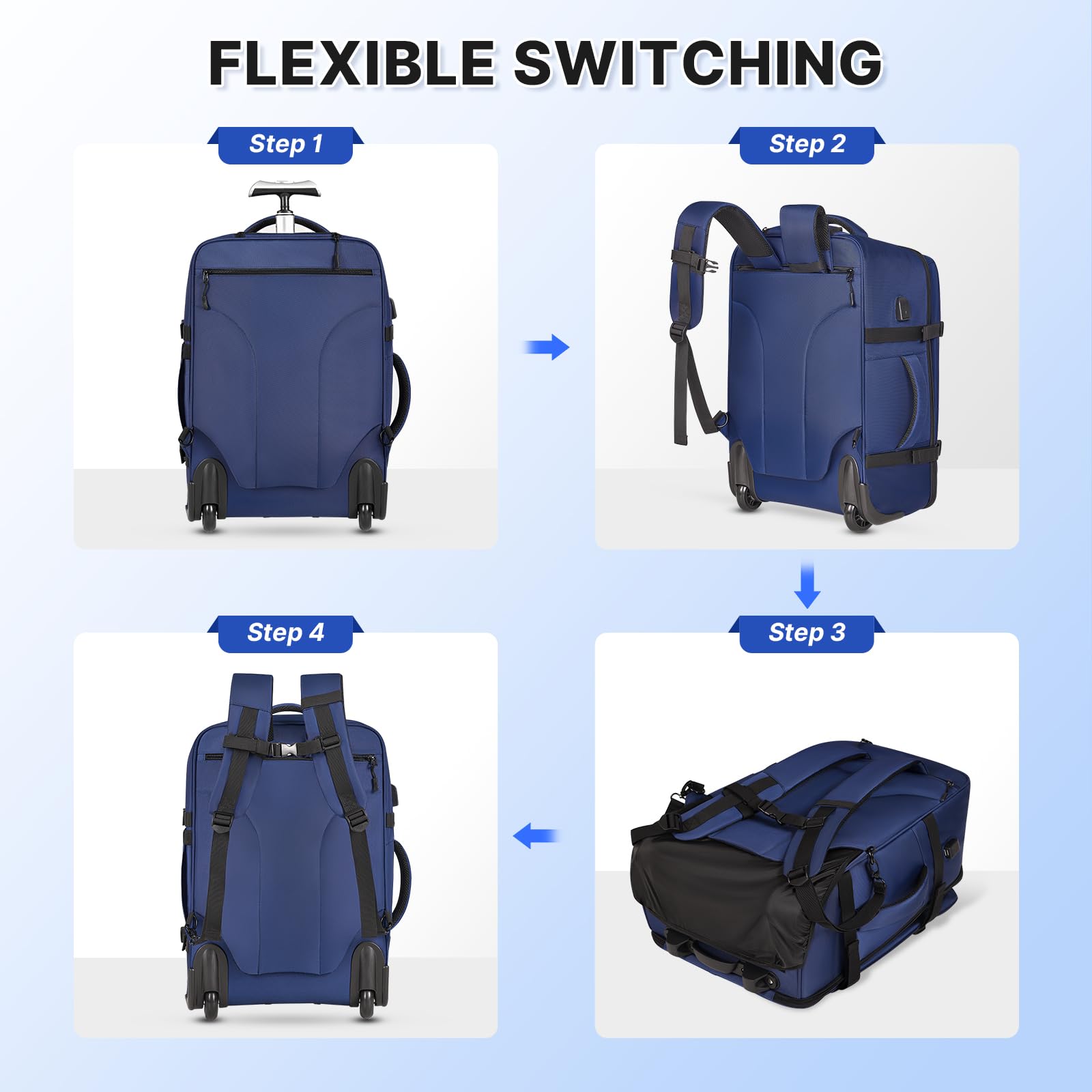 Rolling Backpack for Women & Men - 40L Wheeled Carry On Luggage with Laptop Compartment - Airline Approved Travel Backpack for Business Trips & Overnight Stays - Fits 17 Inch Laptop (Blue) | Perfect for Commuting, Business Travel & Weekend Getaways