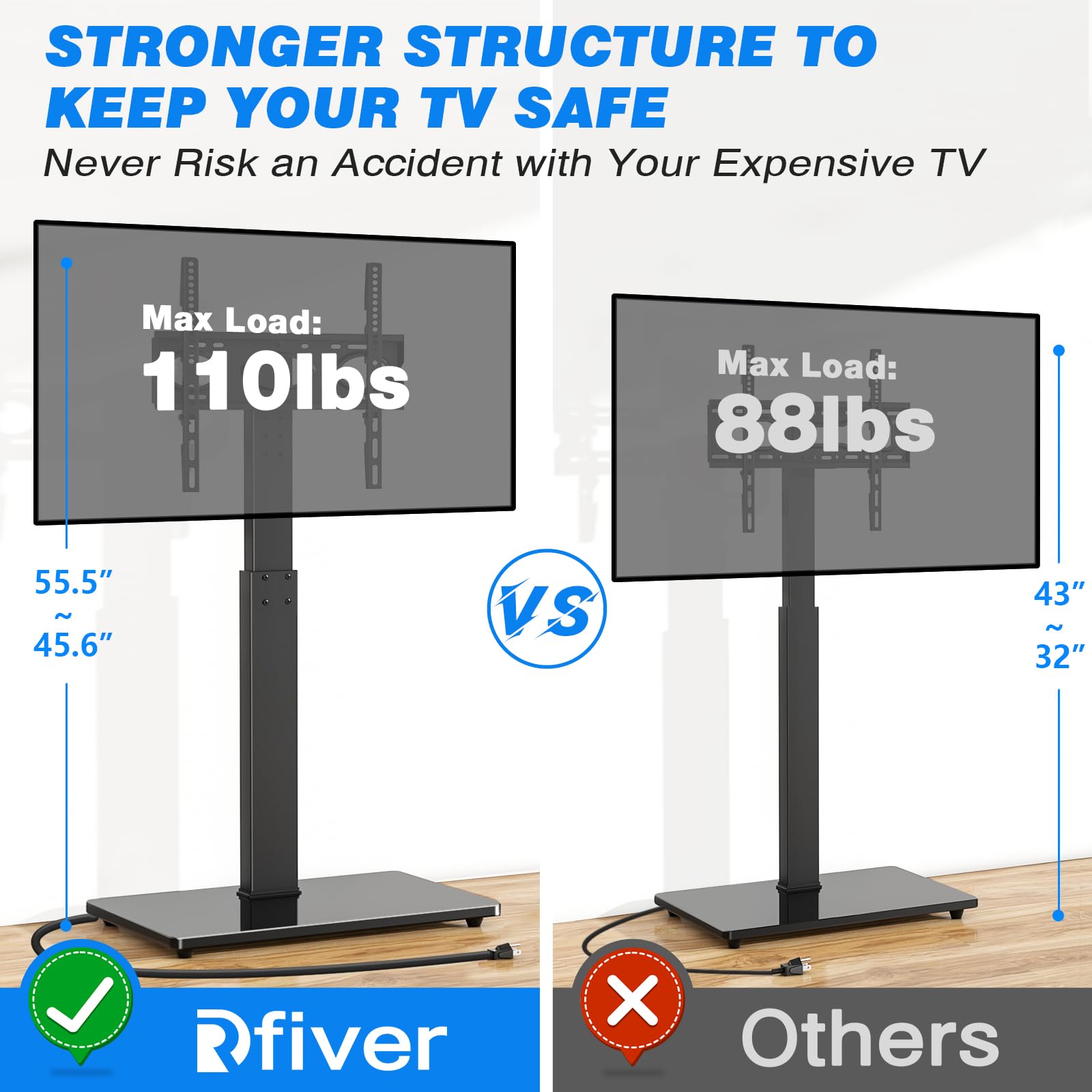 Rfiver Reinforced Floor TV Stand with Power Outlet & Mount for 32-70 Inch TVs (Up to 110 lbs) - Height Adjustable Swivel TV Stand with Space Saving Design - Perfect for Bedroom, Living Room, Dorm, or Office Entertainment Setup