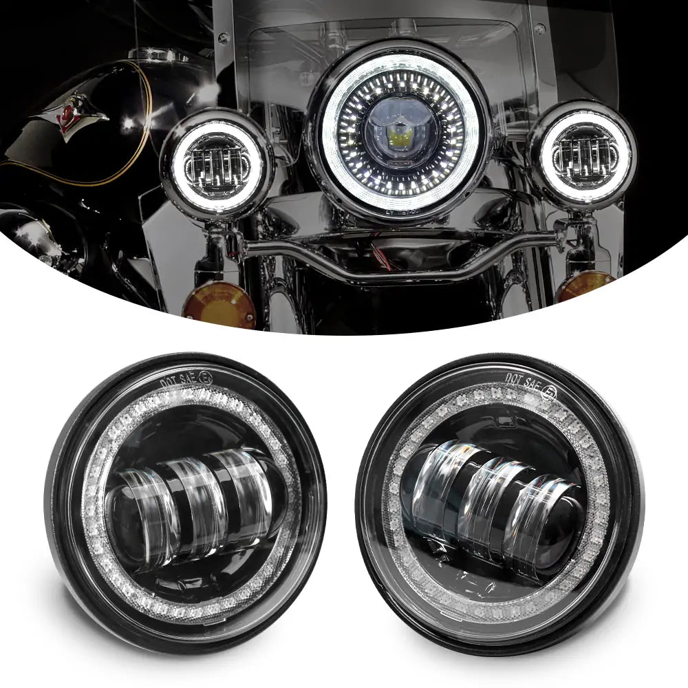 LOYO 4.5 Inch Round LED Fog Lights with White DRL & Amber Turn Signal Halo - Compatible with Harley Davidson Motorcycles - Perfect for Night Riding and Enhanced Visibility