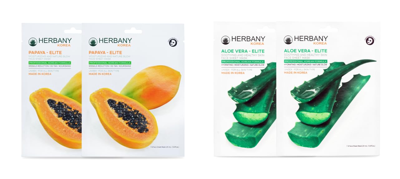 HERBANY KOREA - PAPAYA ELITE 2 & ALOE VERA ELITE 2 Korean Face Sheet Mask Set (4 Pack, 25ml Each) - Professional Skincare for Men & Women - Hydrating & Brightening Facial Treatment for Daily Use & Self-Care Routine