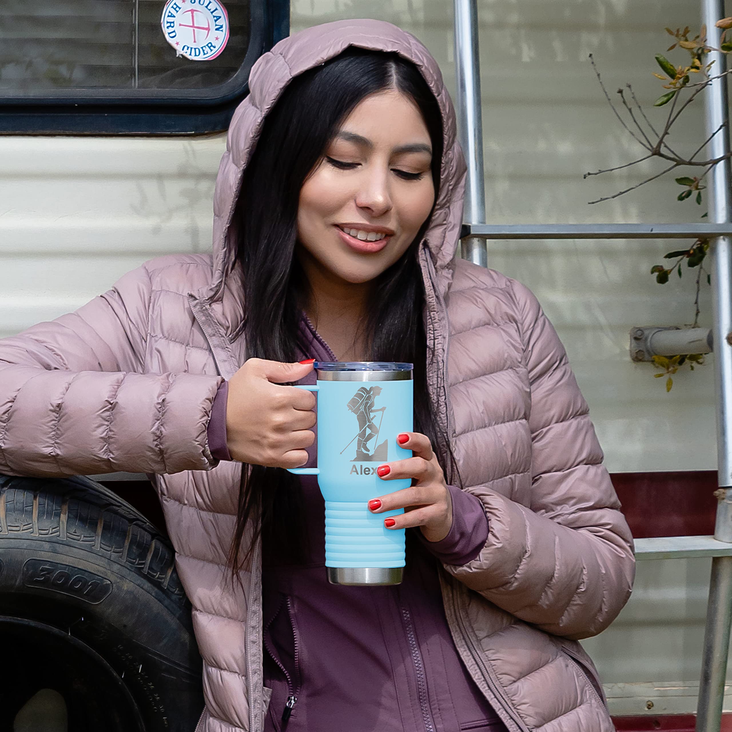 LaserGram 20oz Vacuum Insulated Stainless Steel Travel Mug with Handle - Personalized Engraved Cowgirl Horse Heart Design - Light Blue - Perfect for Coffee, Tea & Cold Drinks On The Go