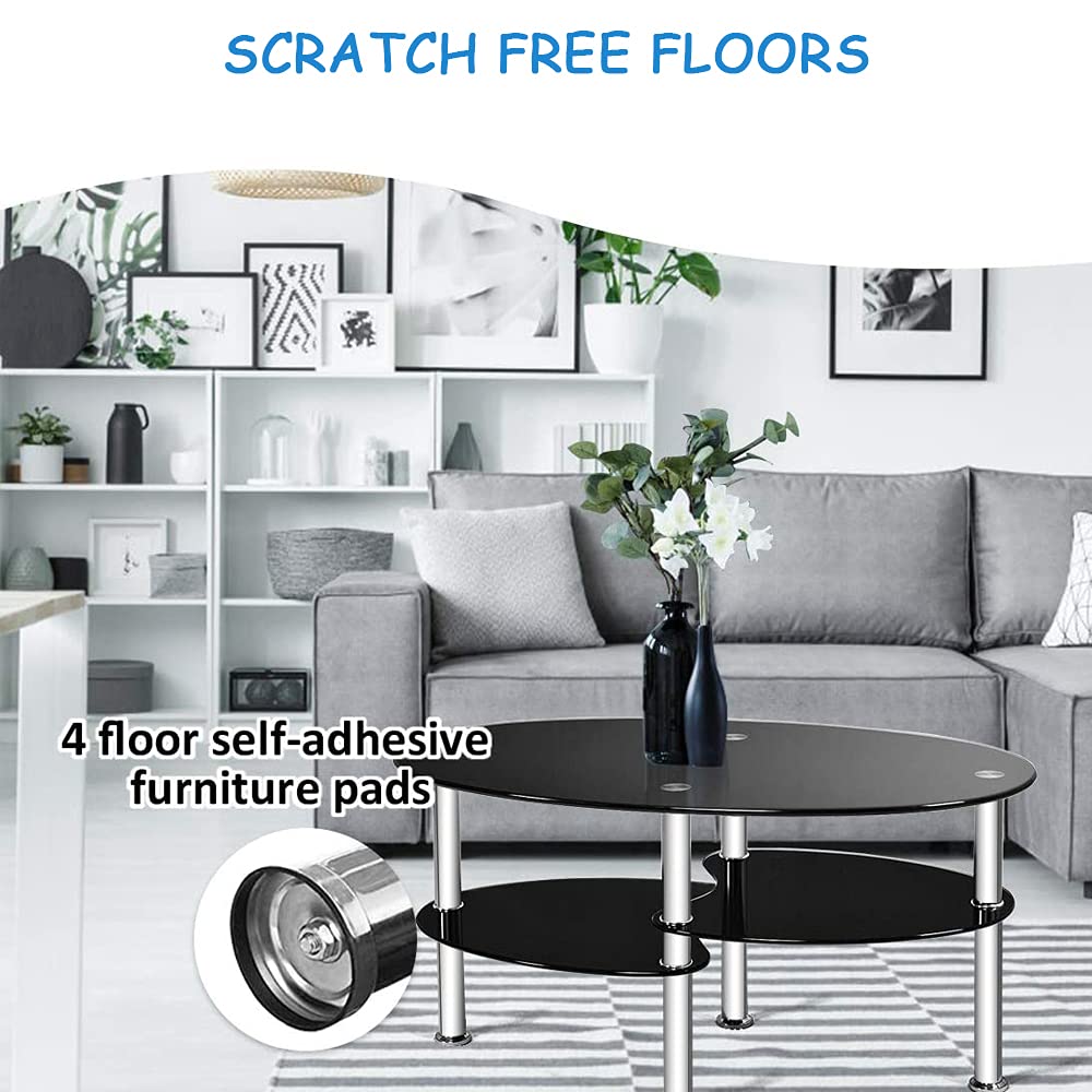 Modern Oval Glass Coffee Table - 2 Tier Black End Table with Tempered Glass & Chrome Stainless Steel Legs for Living Room, Office, Lounge | Durable & Stylish Home Decor Furniture