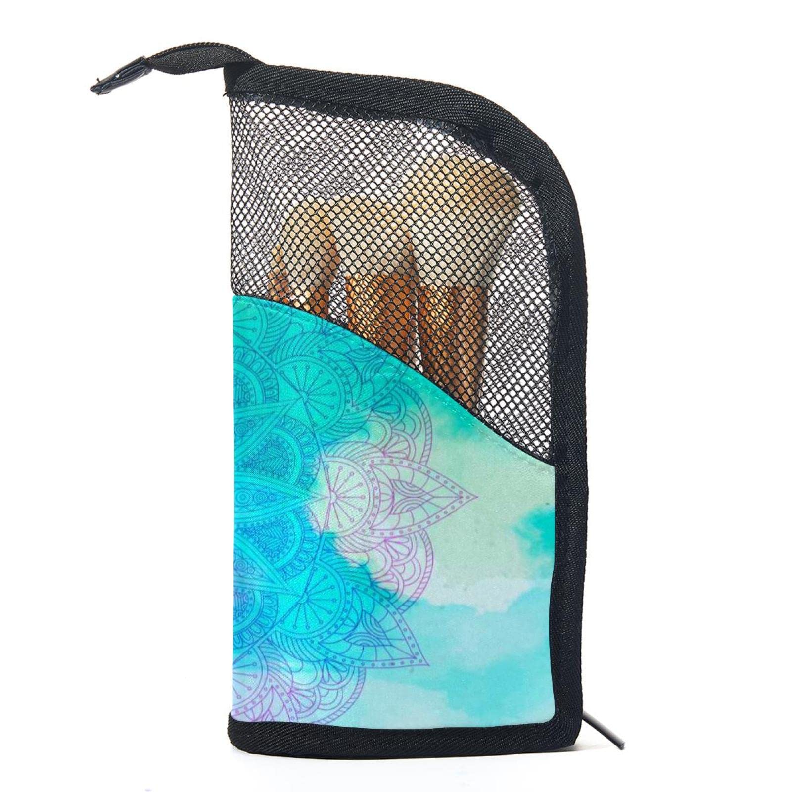 Watercolor Flower Pink Blue Mandala Makeup Brush Organizer Bag with 12 Brushes - Portable Travel Makeup Brush Holder Case for Professional Artists & Beginners - Perfect for Home, Travel, Salon & Makeup Classes