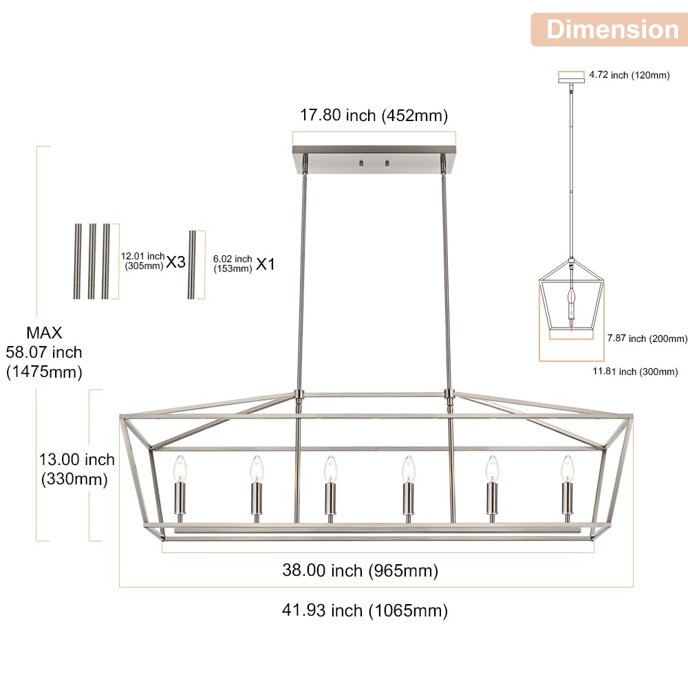 6-Lights Kitchen Island Pendant Lighting Fixture - Brushed Nickel Farmhouse Linear Chandelier with E12 Bulb Base - Perfect for Dining Room, Living Room, Pool Table and Modern Home Decor