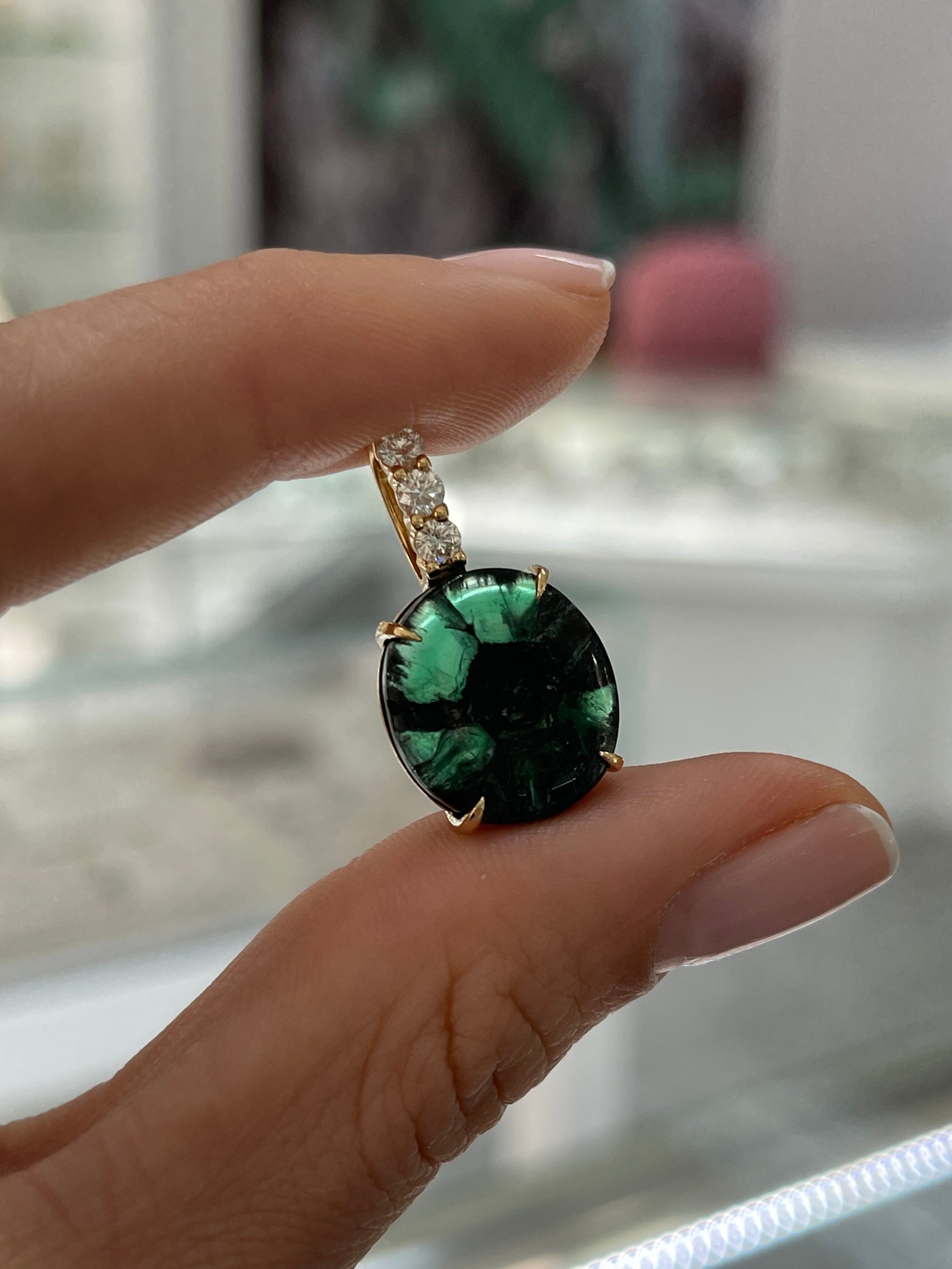 12.32tcw Oval Trapiche Colombian Emerald & Diamond Accented 18K Gold Pendant Necklace for Women - Elegant Jewelry Gift for Birthday, Anniversary & Special Occasions