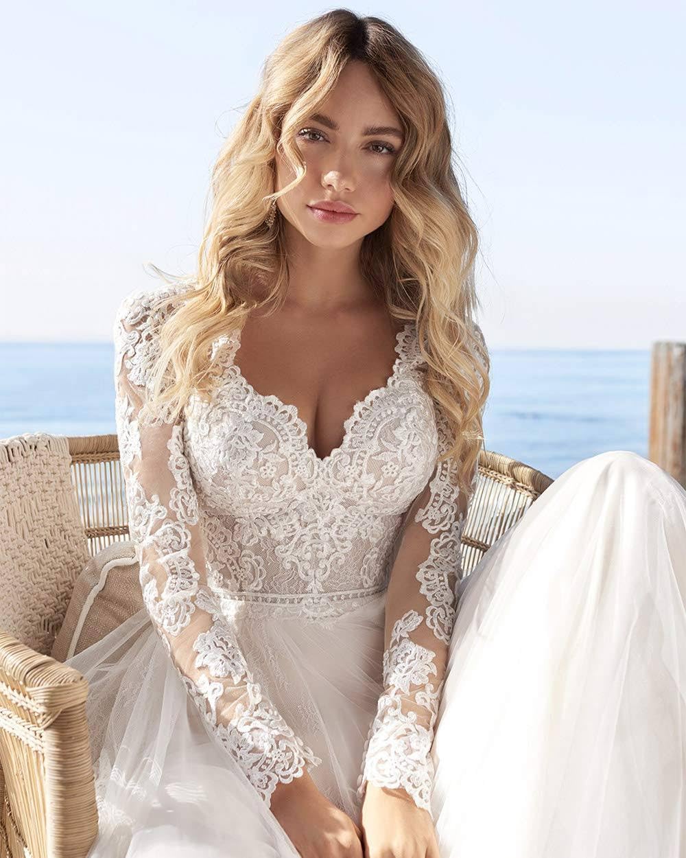 Elegant Long Sleeve Wedding Dress with Tulle Lace Applique - V-Neck A-Line Backless Bridal Gown with Train | Perfect for Church Ceremonies, Beach Weddings & Formal Receptions