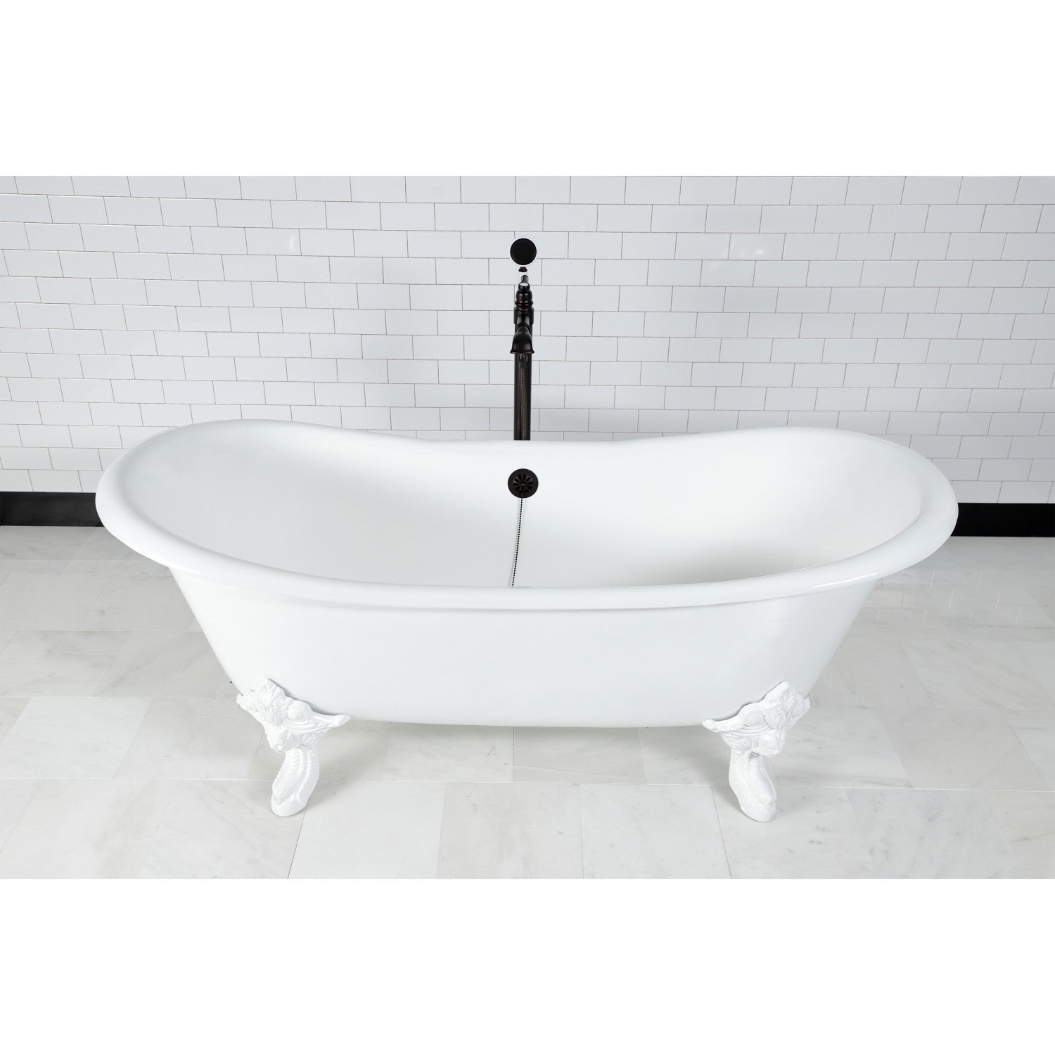 72 Inch White Cast Iron Clawfoot Bathtub - Oval Double Slipper Design (No Faucet Drillings) | Vintage Freestanding Soaking Tub for Luxury Bathroom & Spa Retreat