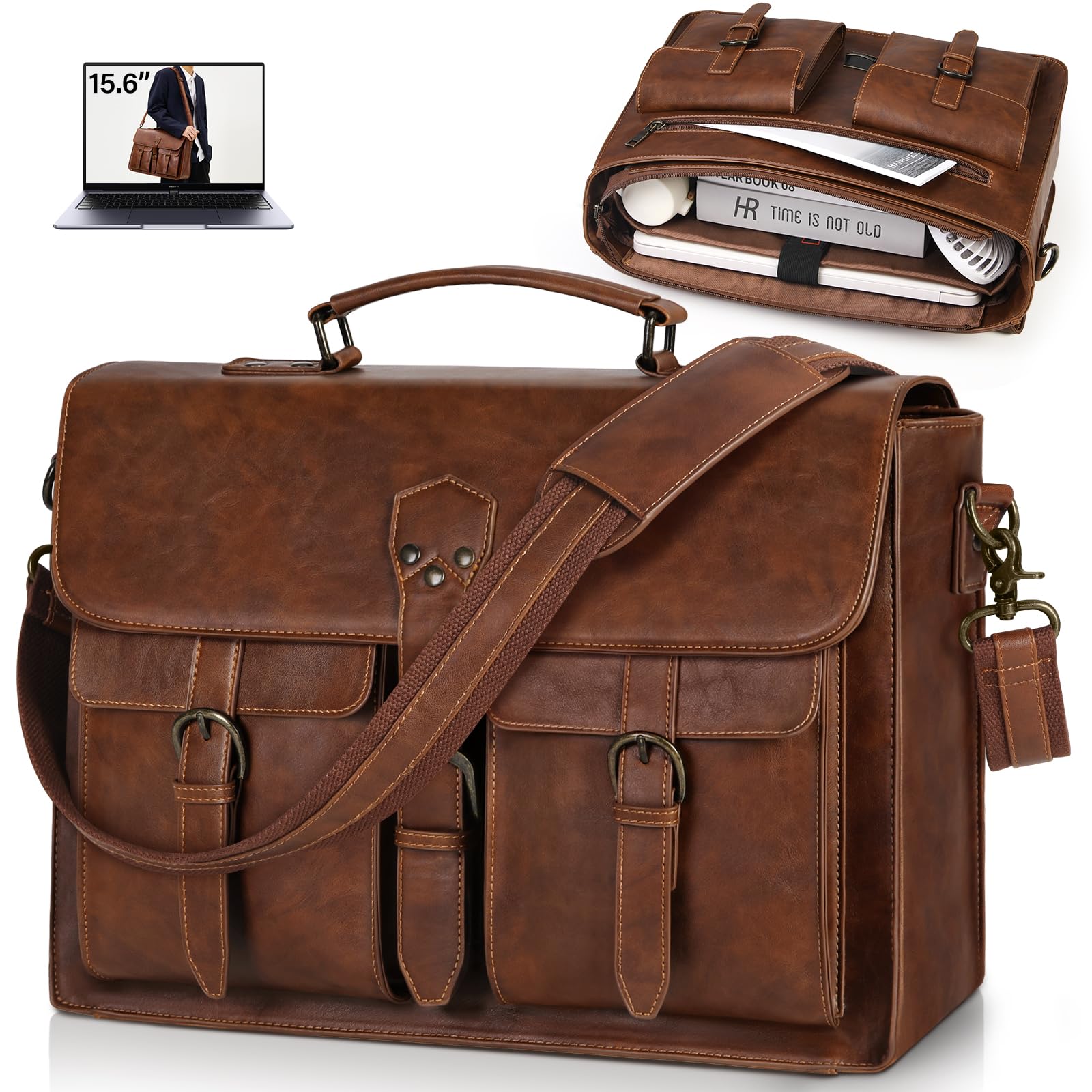 RAINSMORE Vintage Leather Messenger Bag for Men - 15.6 Inch Waterproof Laptop Briefcase, Business Shoulder Bag for Office, Work, Travel & College (Brown) - Perfect for Professionals, Students & Daily Commuters