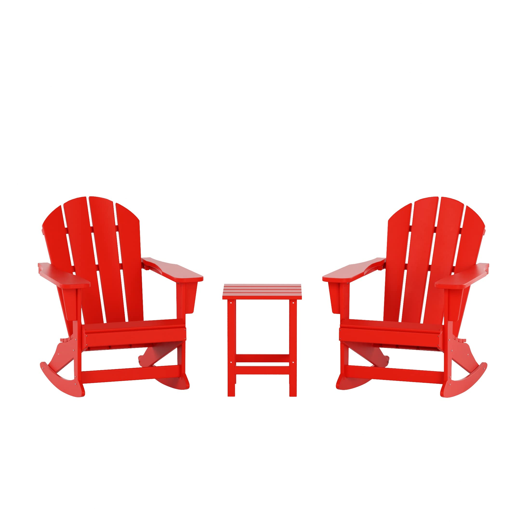 **WO Home Furniture 3-Piece Patio Rocking Chair Set - Classic Red Adirondack Outdoor Rocking Chairs with Side Table - Perfect for Garden, Deck, Porch & Backyard Relaxation**