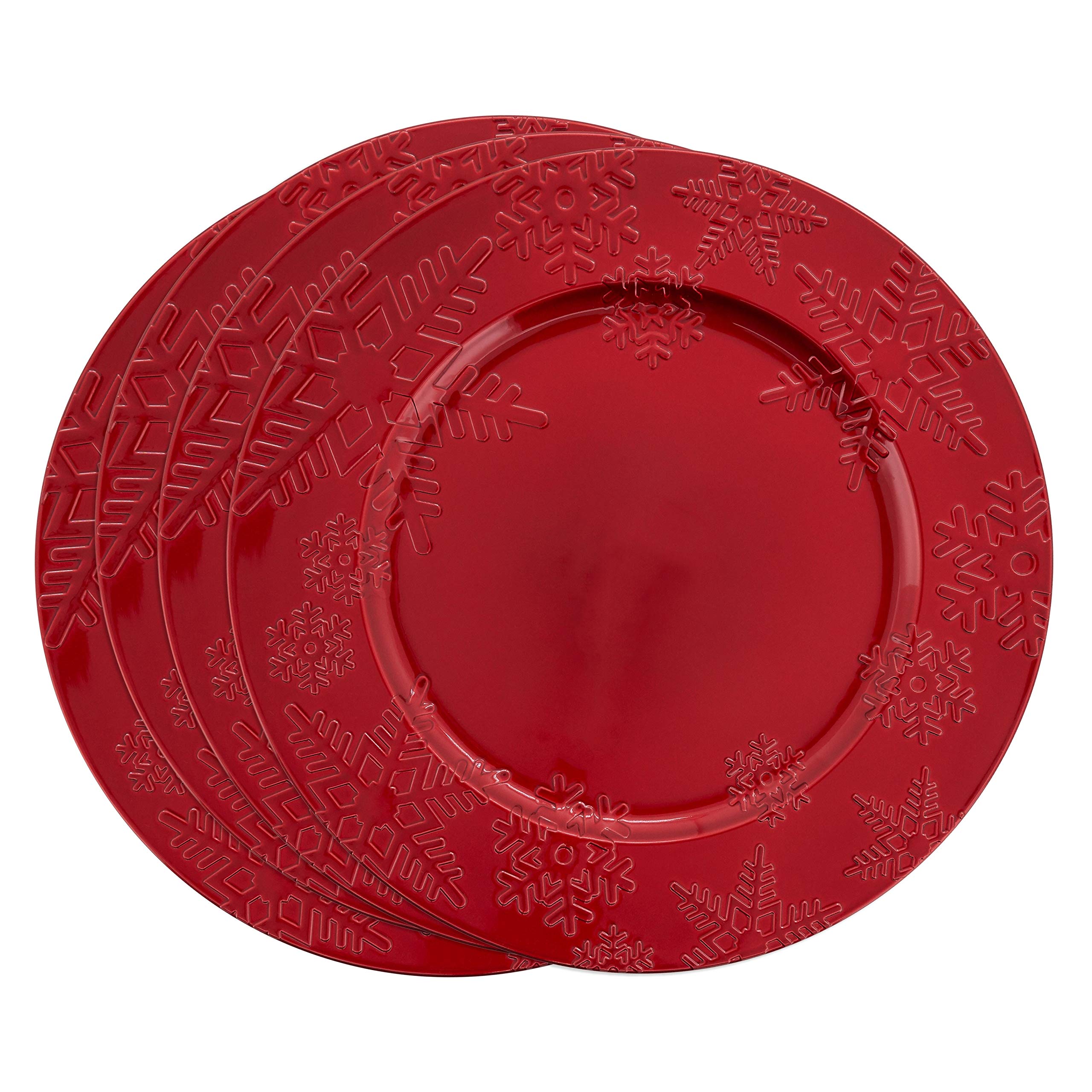Snowflake Design Red Plastic Charger Plates - Set of 4 for Holiday Dinner Parties & Christmas Table Decor