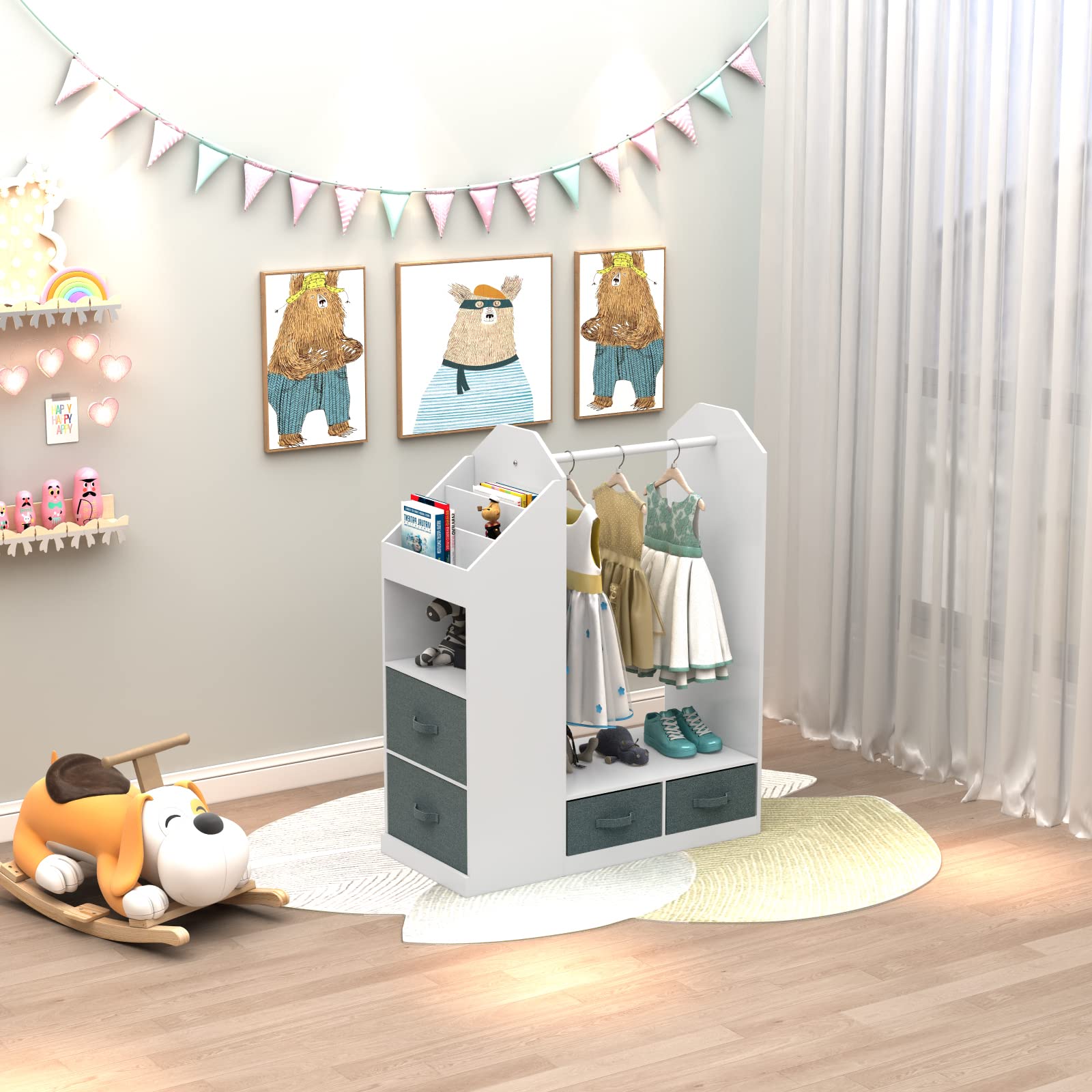 White Kids Play Armoire with Storage Bins & Closet Organizer - Dress Up Costume Wardrobe with Mirror for Girls & Boys Bedroom, Playroom & Nursery Organization