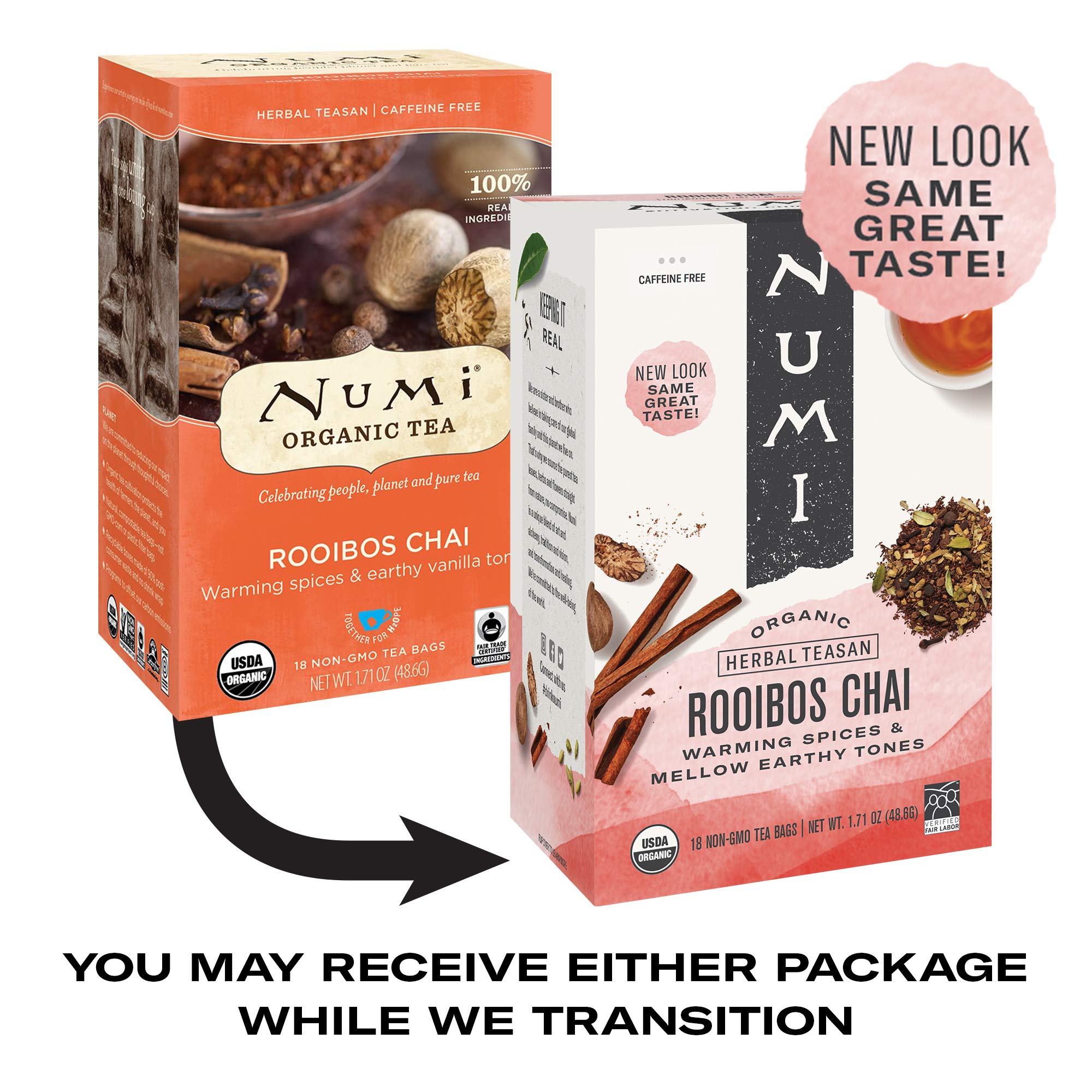 Numi Organic Golden Chai Tea & Rooibos Chai Tea - 18 Tea Bags Each | USDA Certified, Caffeine-Free Herbal Tea | Perfect for Relaxation, Afternoon Tea & Gifts