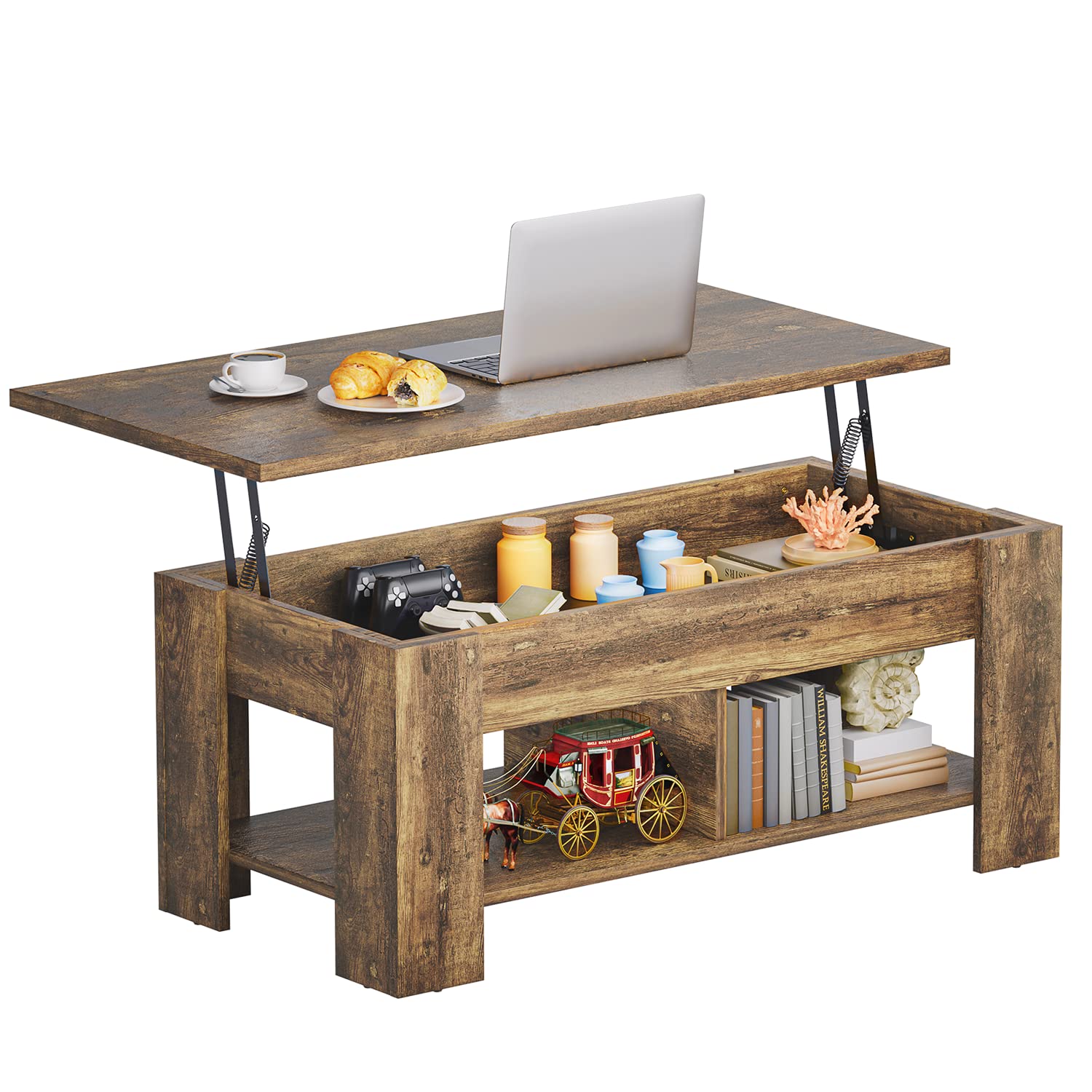 NOBLEWELL Lift Top Coffee Table with Storage Compartment & Open Shelves - 39.4