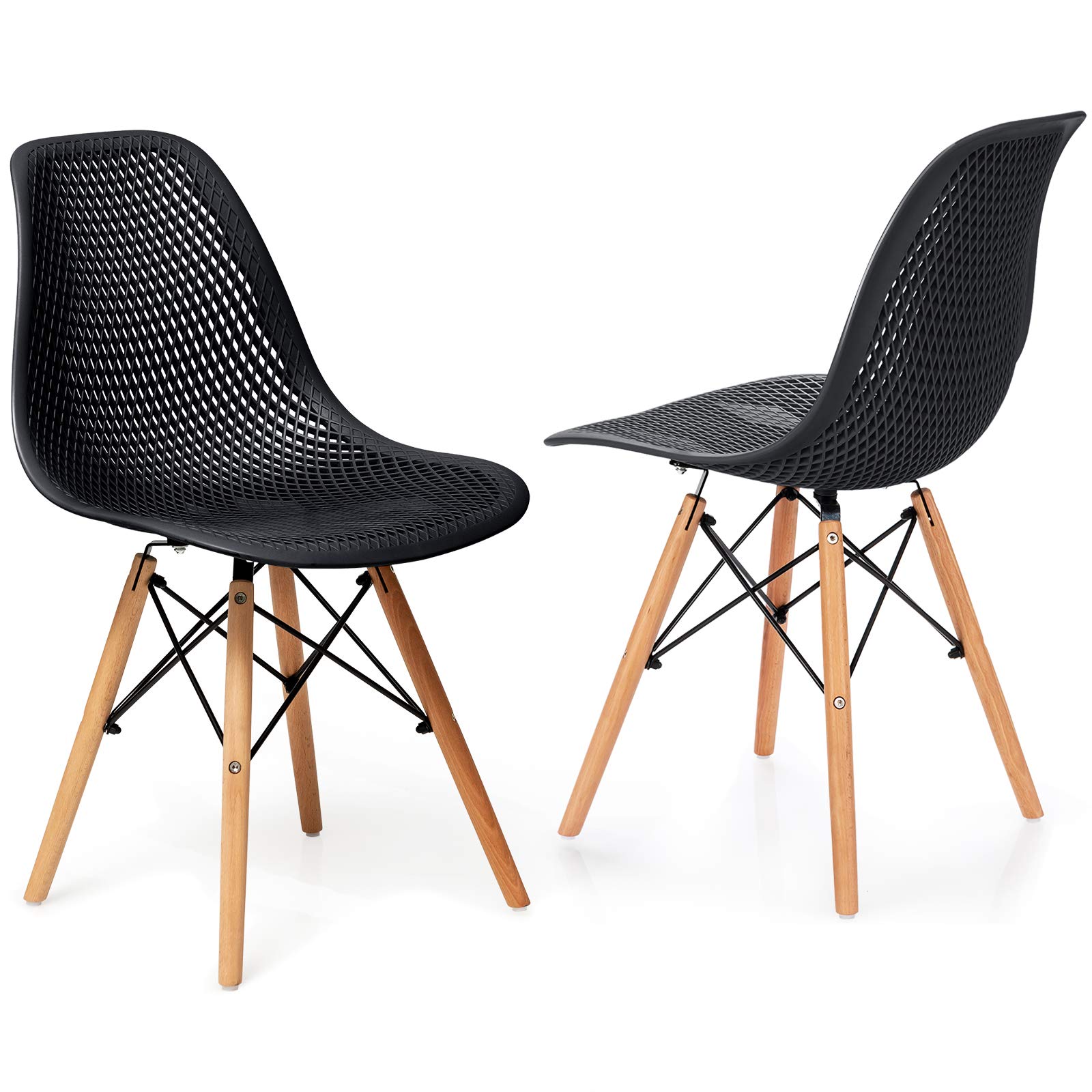 Modern Dining Chairs Set of 2 - Indoor/Outdoor Shell PP Lounge Side Chairs with Mesh Design & Beech Wood Legs - Tulip Leisure Chairs for Kitchen, Dining Room, Patio, and Office - Black