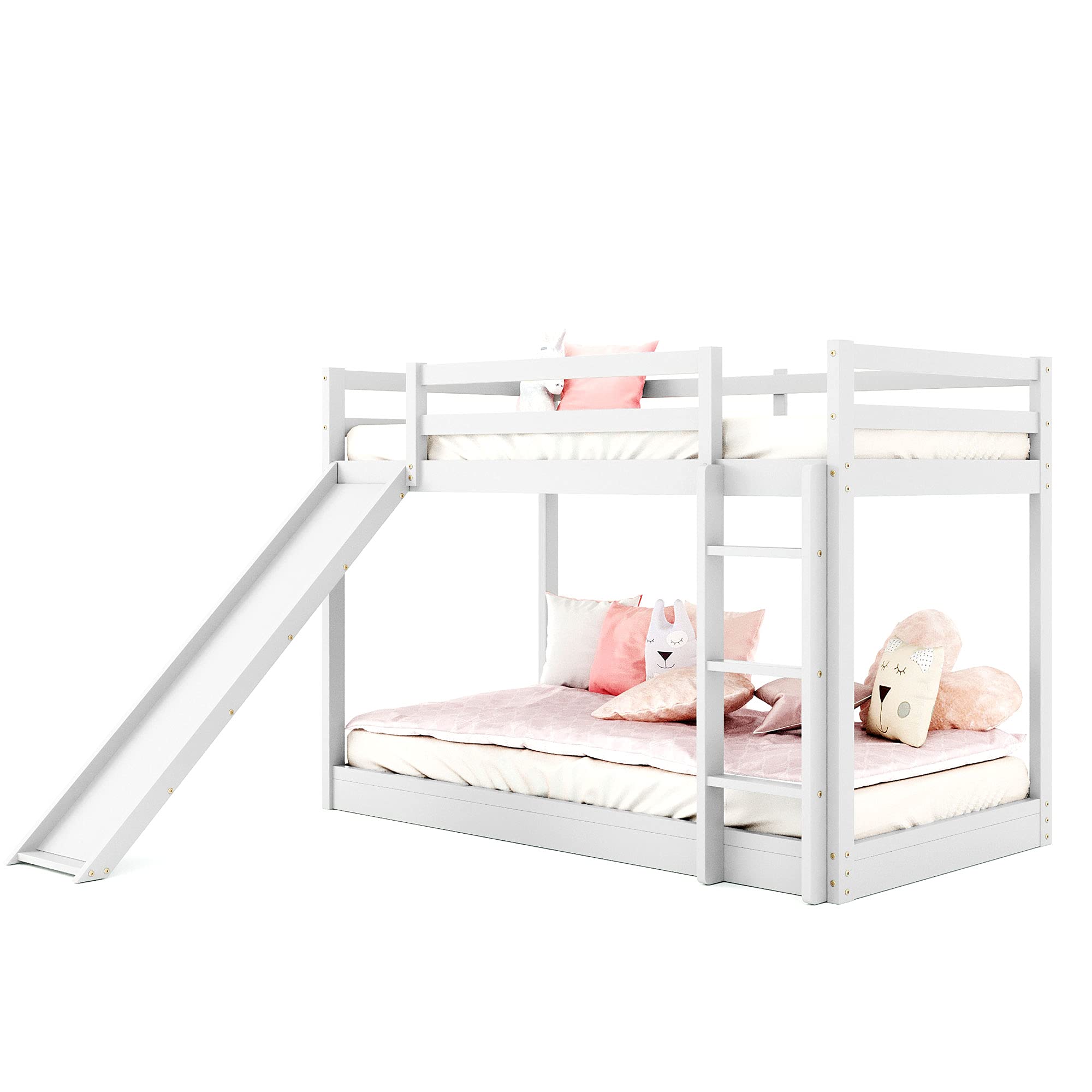 RUNNA Twin Over Twin Wood Bunk Bed with Convertible Slide & Ladder - Space-Saving Kids Bunk Bed Frame with Full-Length Guardrail - White & Wood Finish - Perfect for Small Bedrooms, Kids' Rooms & Shared Spaces