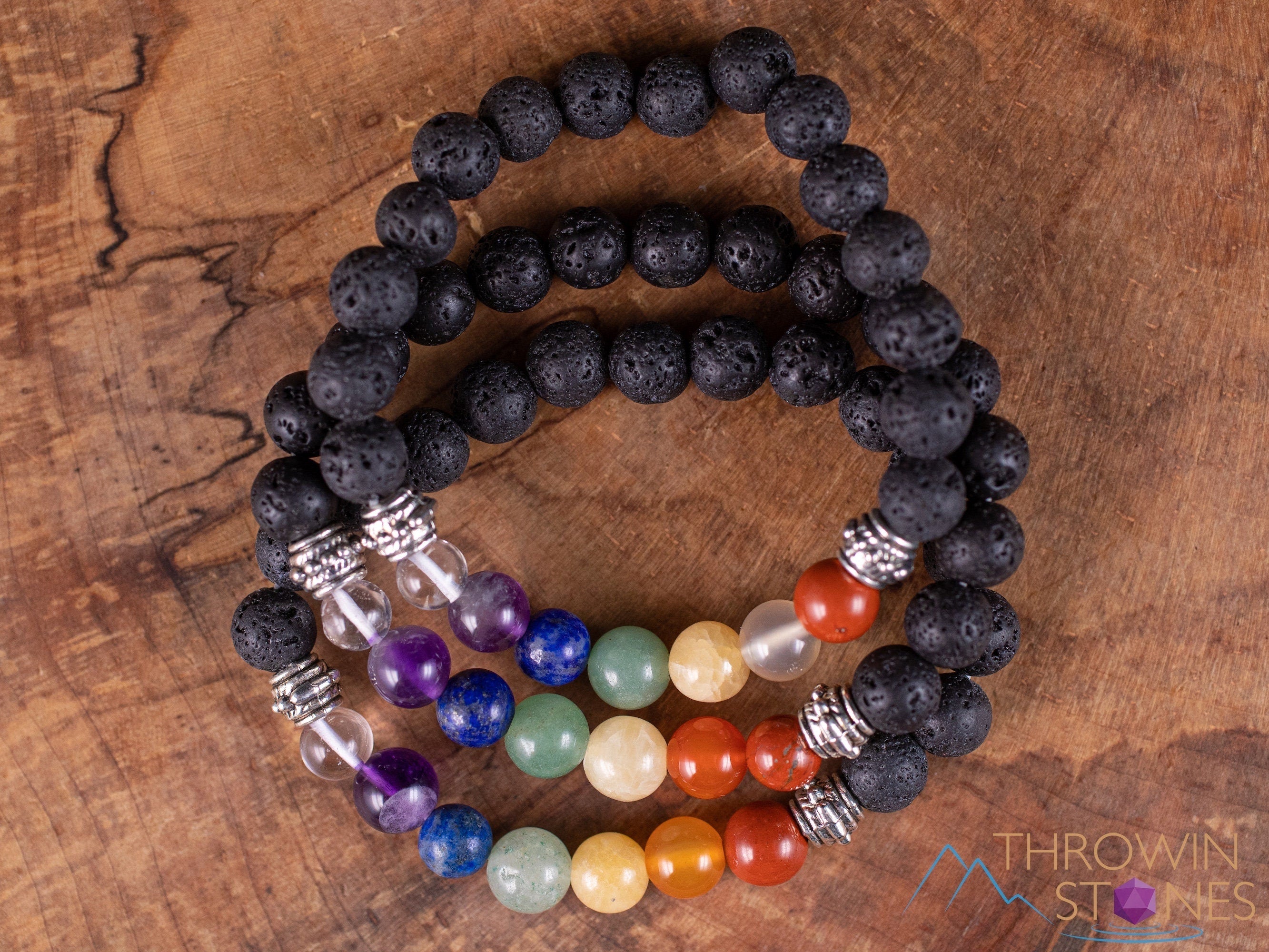 Chakra & Lava Rock Crystal Bracelet - Round Beads Aromatherapy Diffuser Bracelet, Handmade Healing Jewelry for Meditation, Yoga & Stress Relief (E1968)