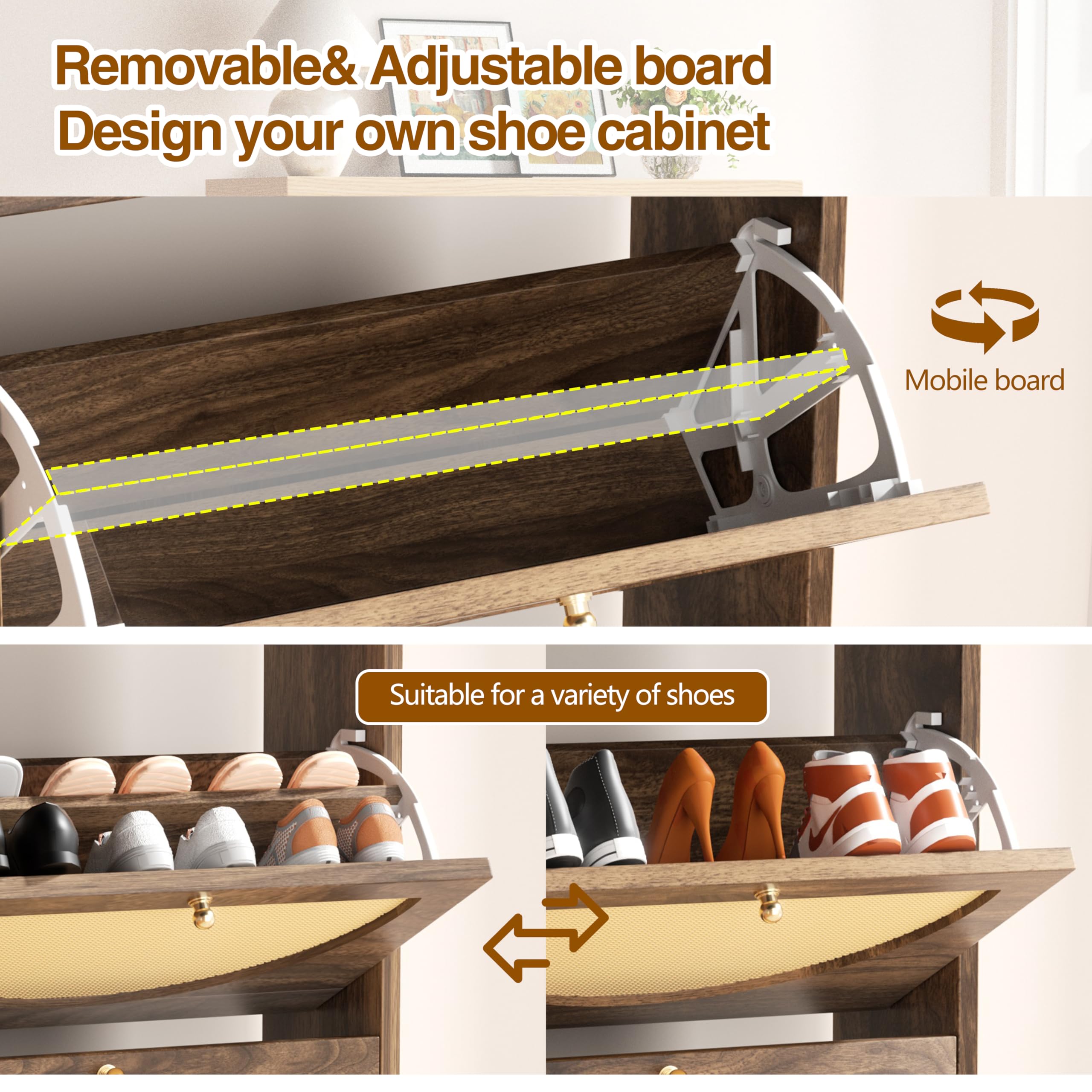 Meilocar Rattan Shoe Cabinet with 2 Flip Doors & 1 Drawer - 3-Tier Adjustable Shelf Shoe Storage Organizer - Freestanding Slim Shoe Rack for Entryway, Closet, Hallway - Perfect for Small Spaces & Home Organization (Walnut)