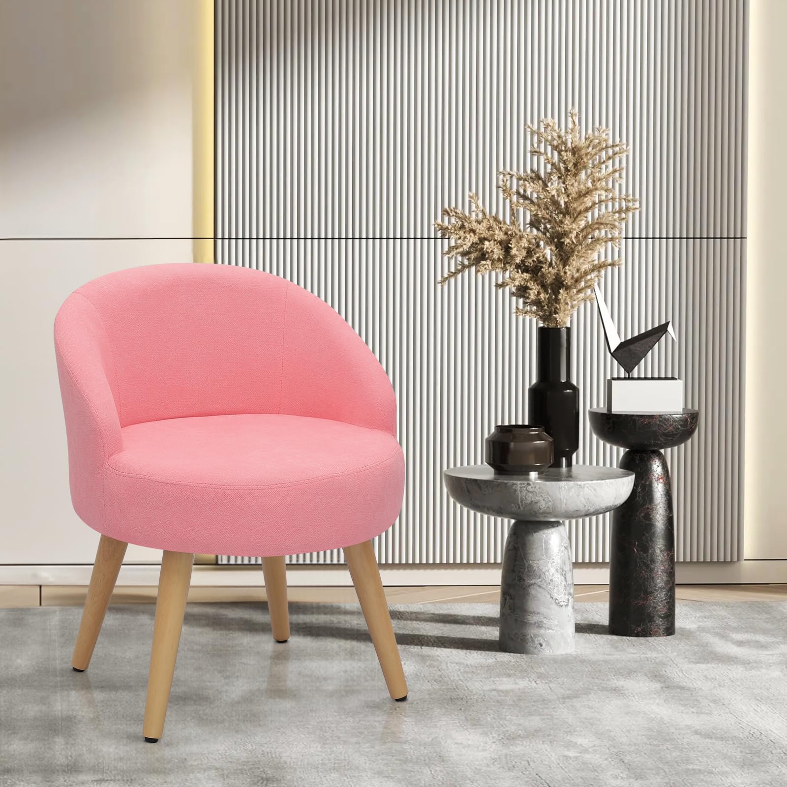 Magshion Velvet Vanity Chair with Back & Wooden Legs - Pink Accent Makeup Chair for Bedroom | Cute Linen Single Chair for Dressing Table, Girls Room Decor & Home Beauty Station