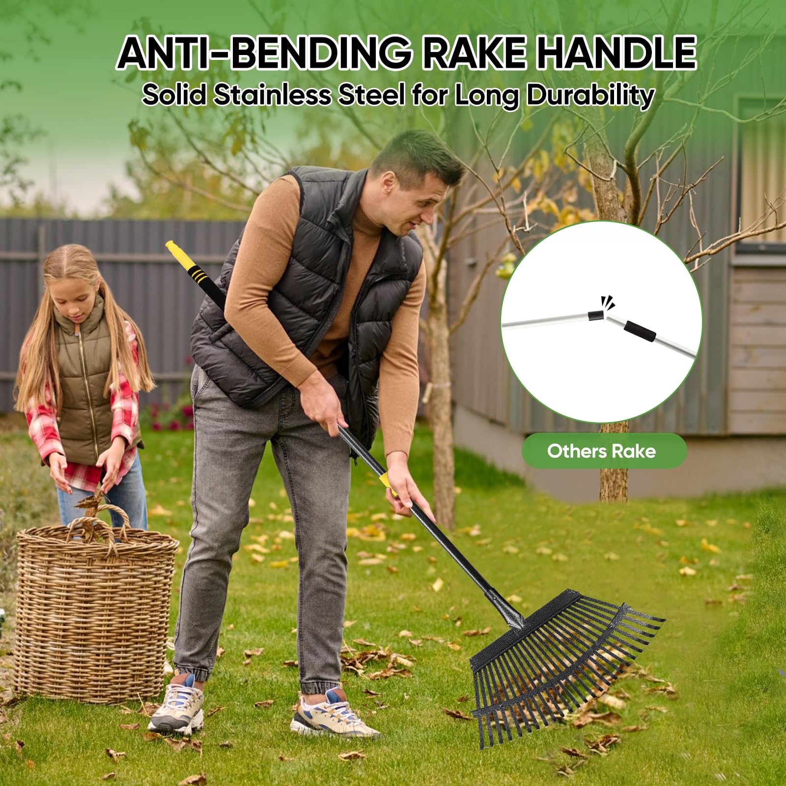 Heavy Duty 6FT Garden Leaf Rake with 25 Metal Tines - 18.5 Inch Wide Adjustable Steel Handle for Lawns, Yards & Flower Beds - Perfect for Raking Leaves, Gathering Shrubs, Leveling Grass & Outdoor Cleanup