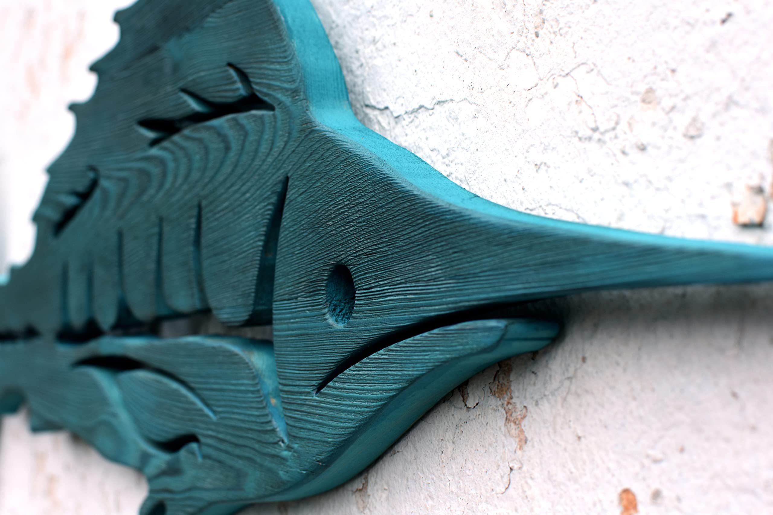 Hand Carved Wooden Marlin Wall Art - Blue Coastal Fish Sculpture Decor for Beach House, Nautical Theme & Ocean Inspired Home Decor