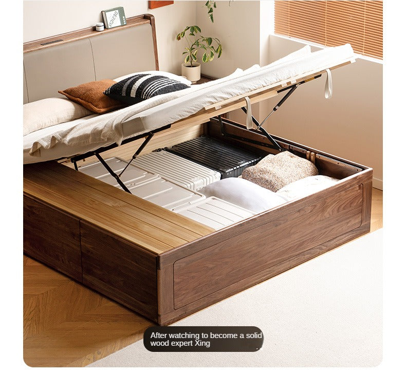 Solid Black Walnut Wood Leather-Upholstered Drawer Box Bed - Nordic Style Platform Bed with Storage for Modern Bedroom