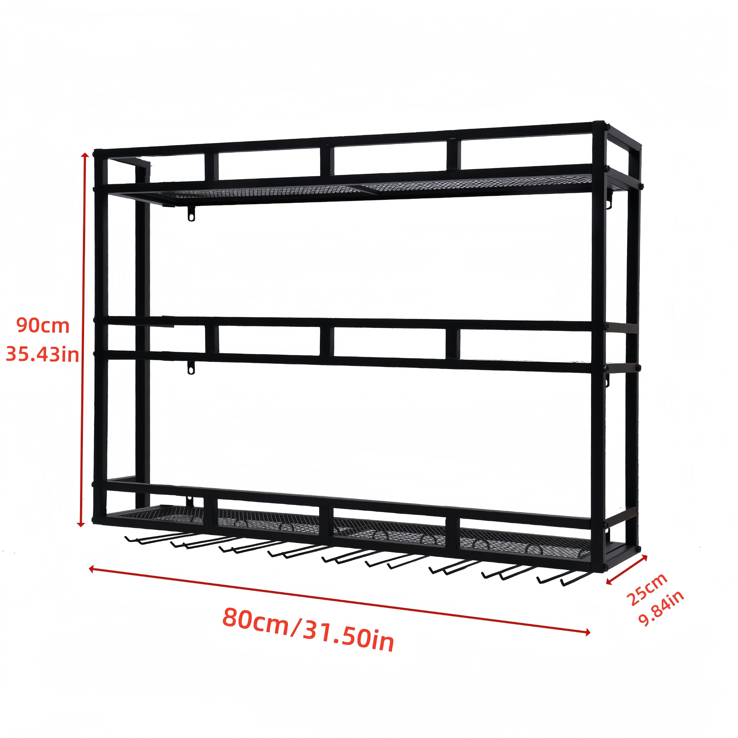 3-Tier Wall Mounted Metal Wine Rack with LED Lights - Large Capacity Liquor Bottle Storage Shelf with Glass Holder (Black, 31in/80cm) - Perfect for Home Bars, Dining Rooms & Kitchen Decor