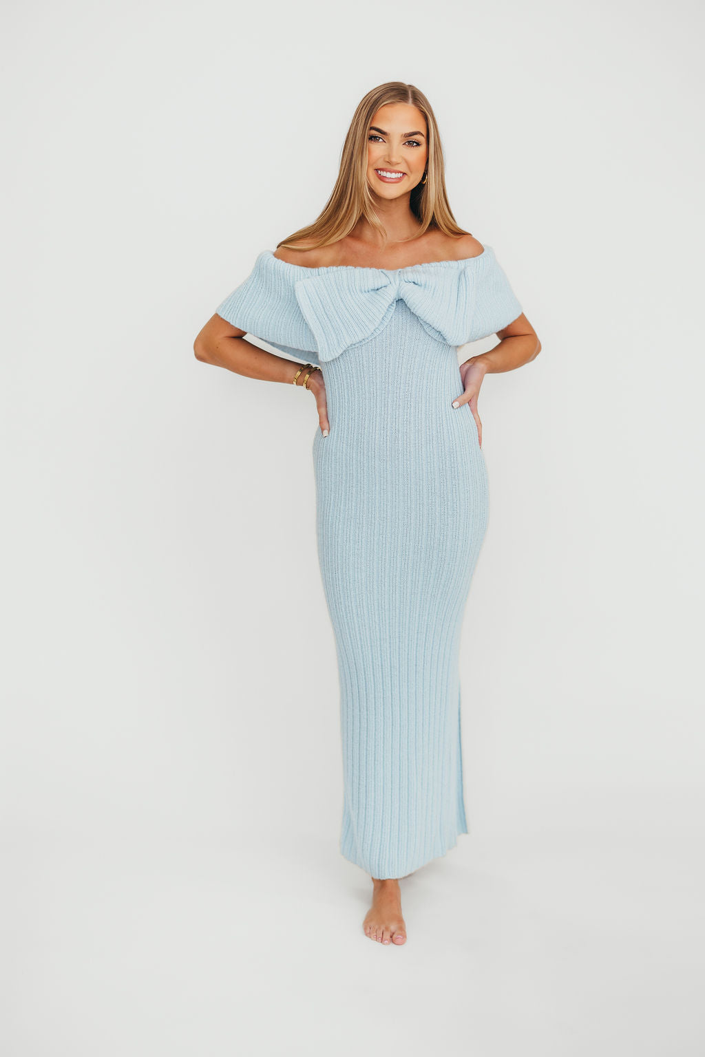 Aston Bow Front Maxi Sweater Dress in Ice Metal - Bump Friendly Maternity & Plus Size (S-3XL) | Winter Layering, Holiday Party Outfit, Casual Office Wear