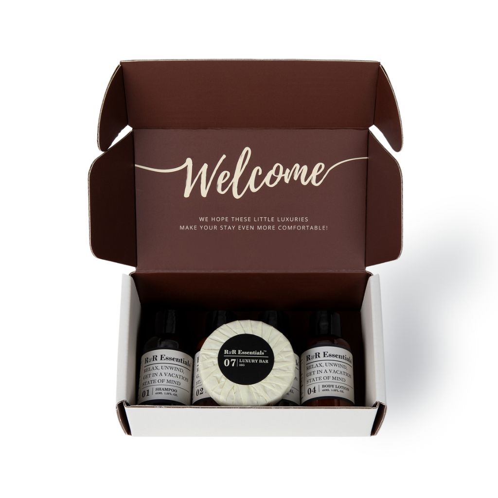 R&R Essentials Premium Hotel Toiletry Kits in Luxury Display Boxes - Travel Size Toiletries for Hotels, Gifts & Vacation Essentials