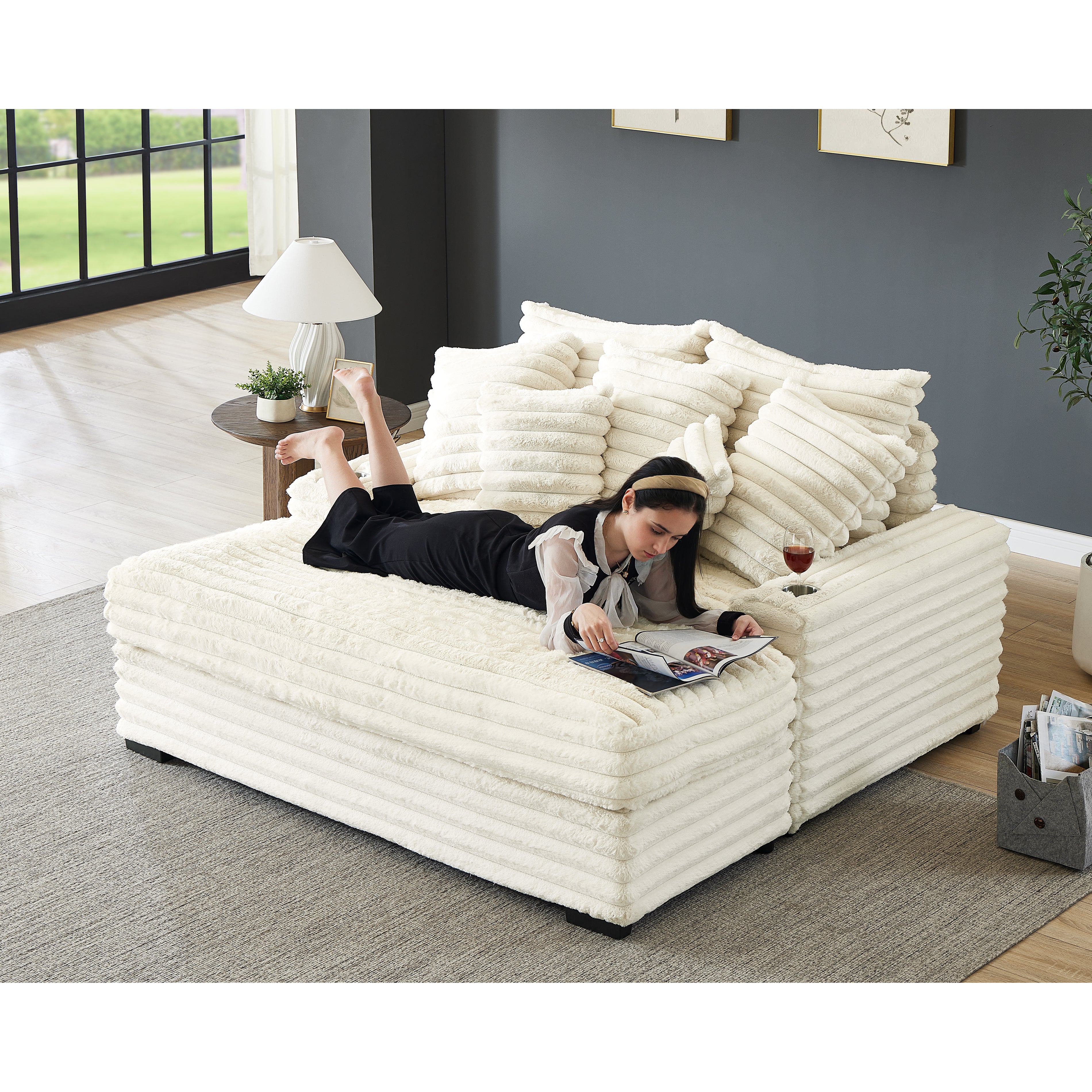 Roundhill Furniture Gaviella Plush Wide Wale Corduroy Oversized Multi-Functional Chaise Lounge - Comfortable Sofa Bed for Living Room, Bedroom & Home Theater Relaxation