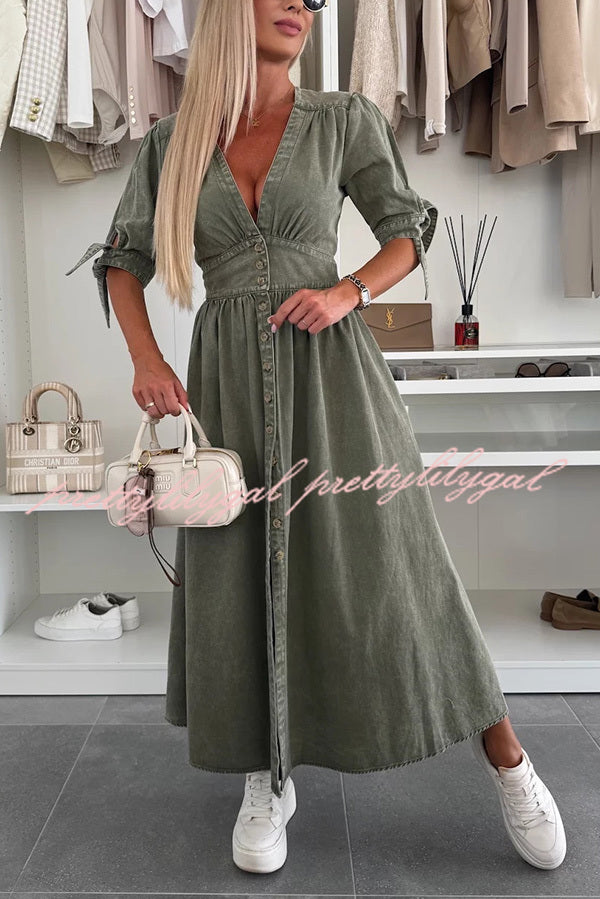 Stylish Solid Color V-Neck Button Down Denim Midi Dress for Women | Casual & Office Wear | Perfect for Spring & Summer Outings